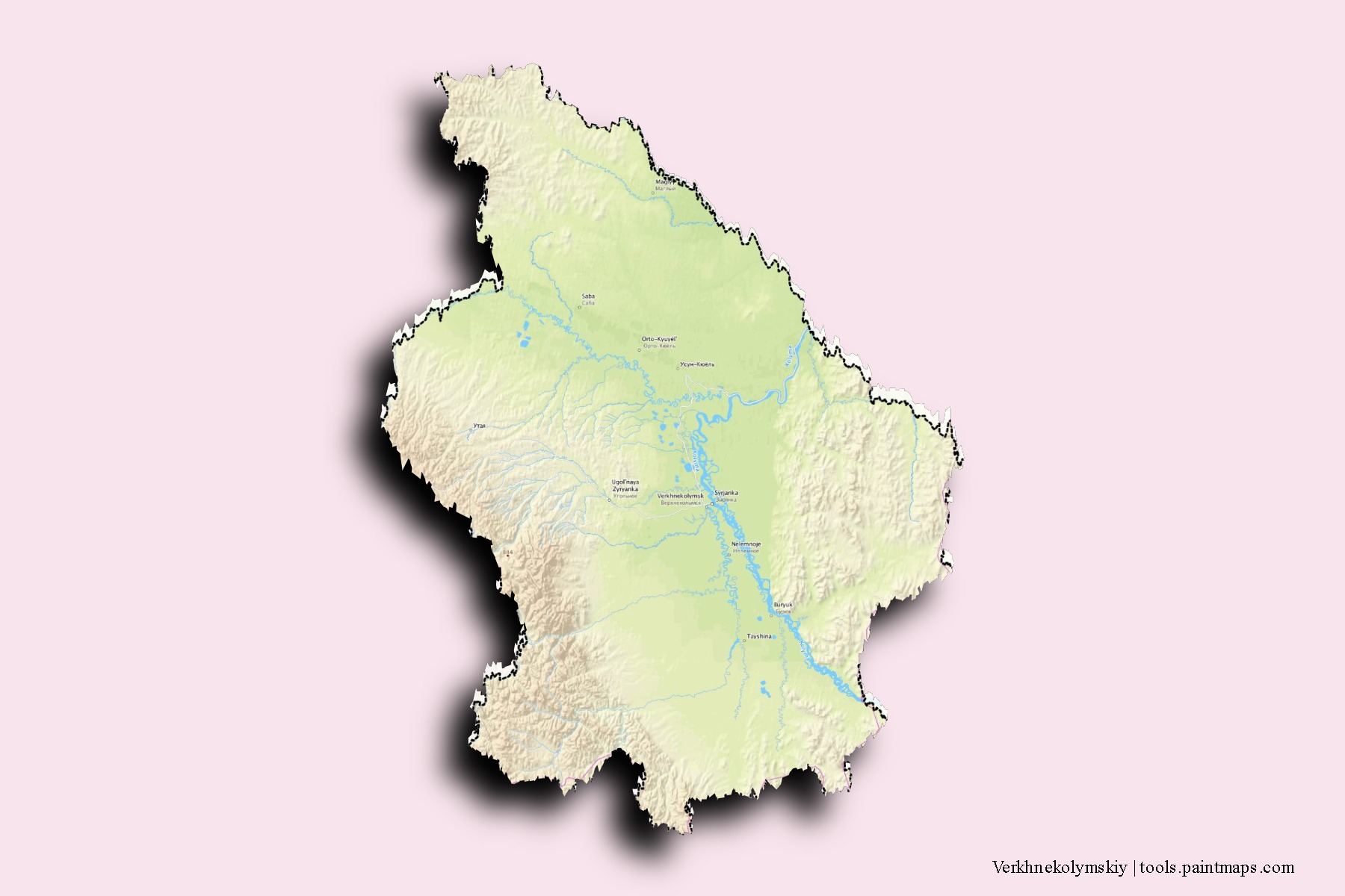 Verkhnekolymskiy neighborhoods and villages map with 3D shadow effect