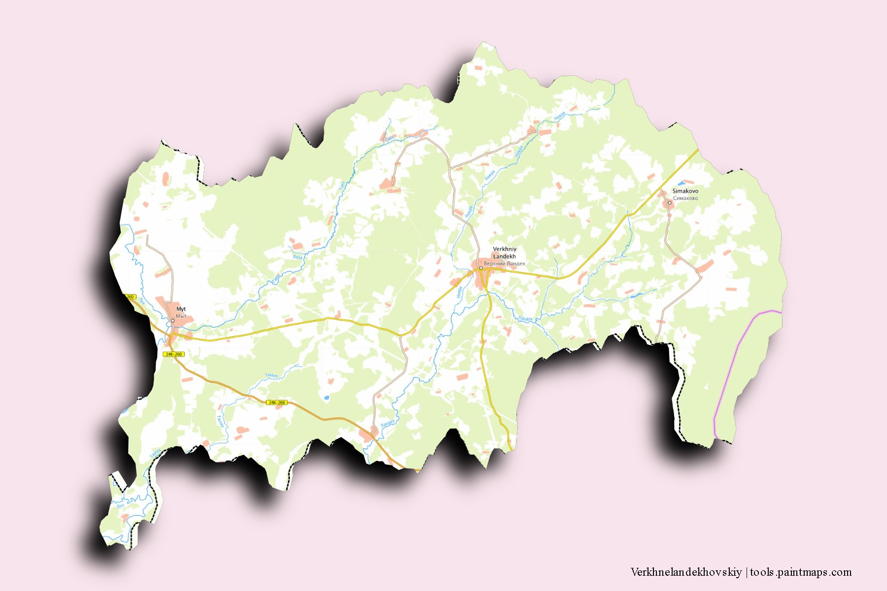 Verkhnelandekhovskiy neighborhoods and villages map with 3D shadow effect