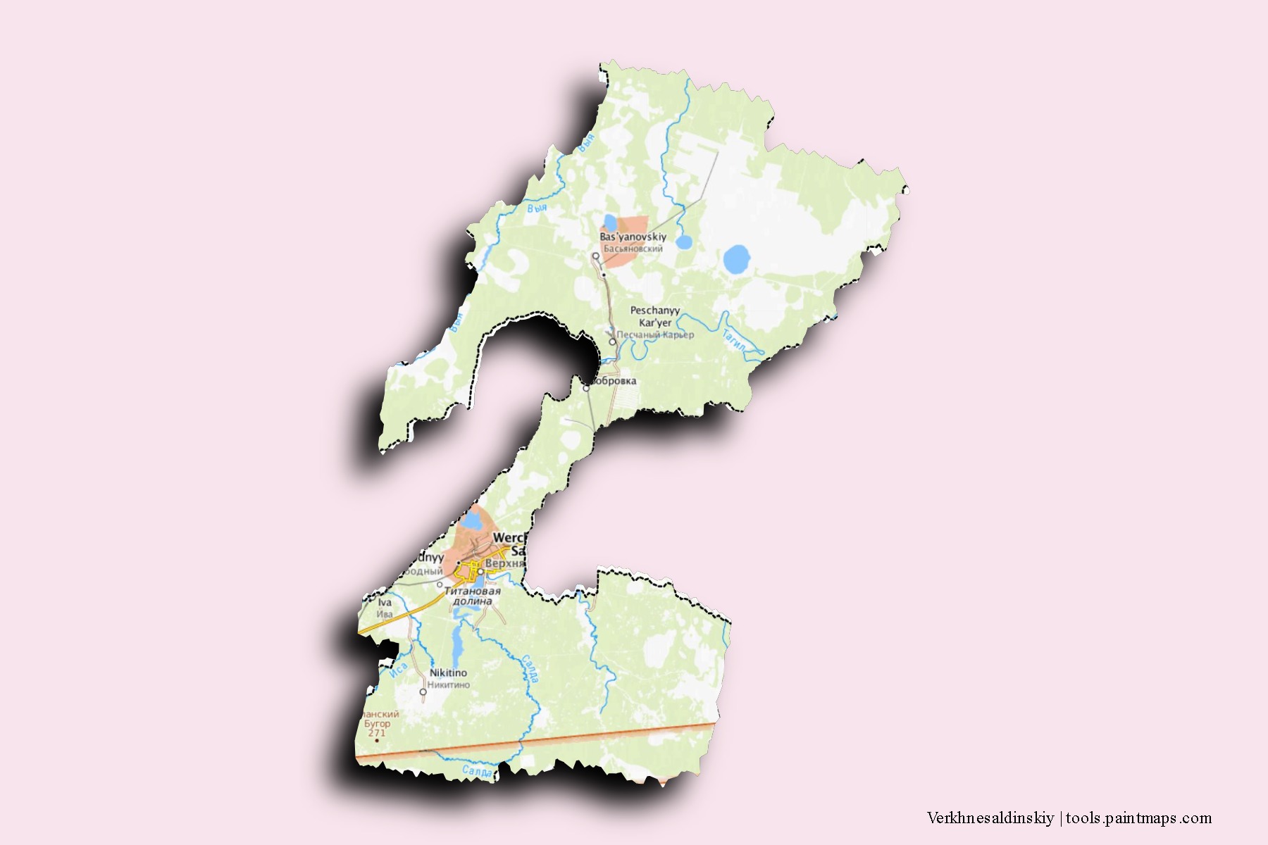 Verkhnesaldinskiy neighborhoods and villages map with 3D shadow effect