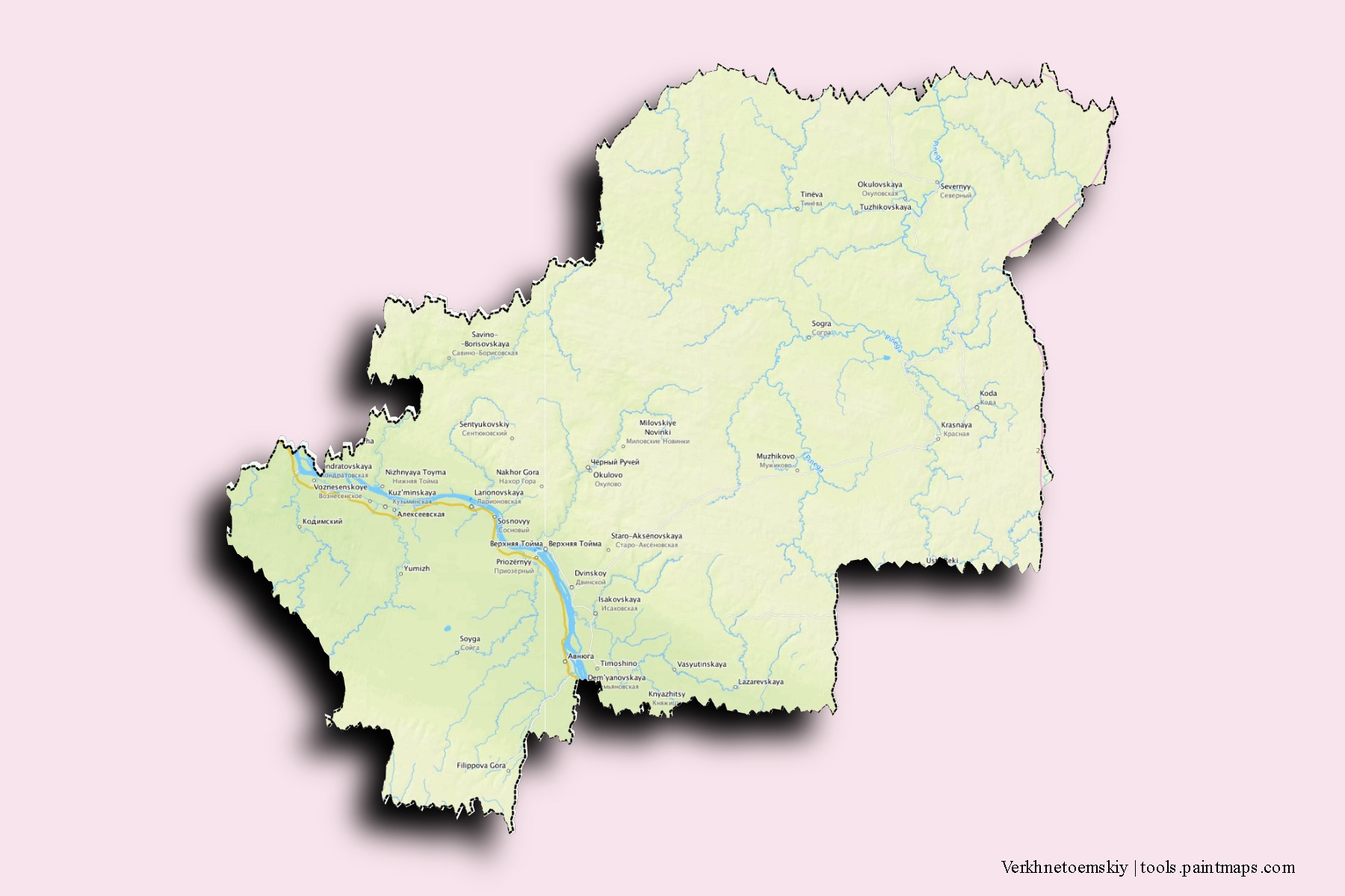 Mapa de barrios y pueblos de Verkhnetoemskiy con efecto de sombra 3D