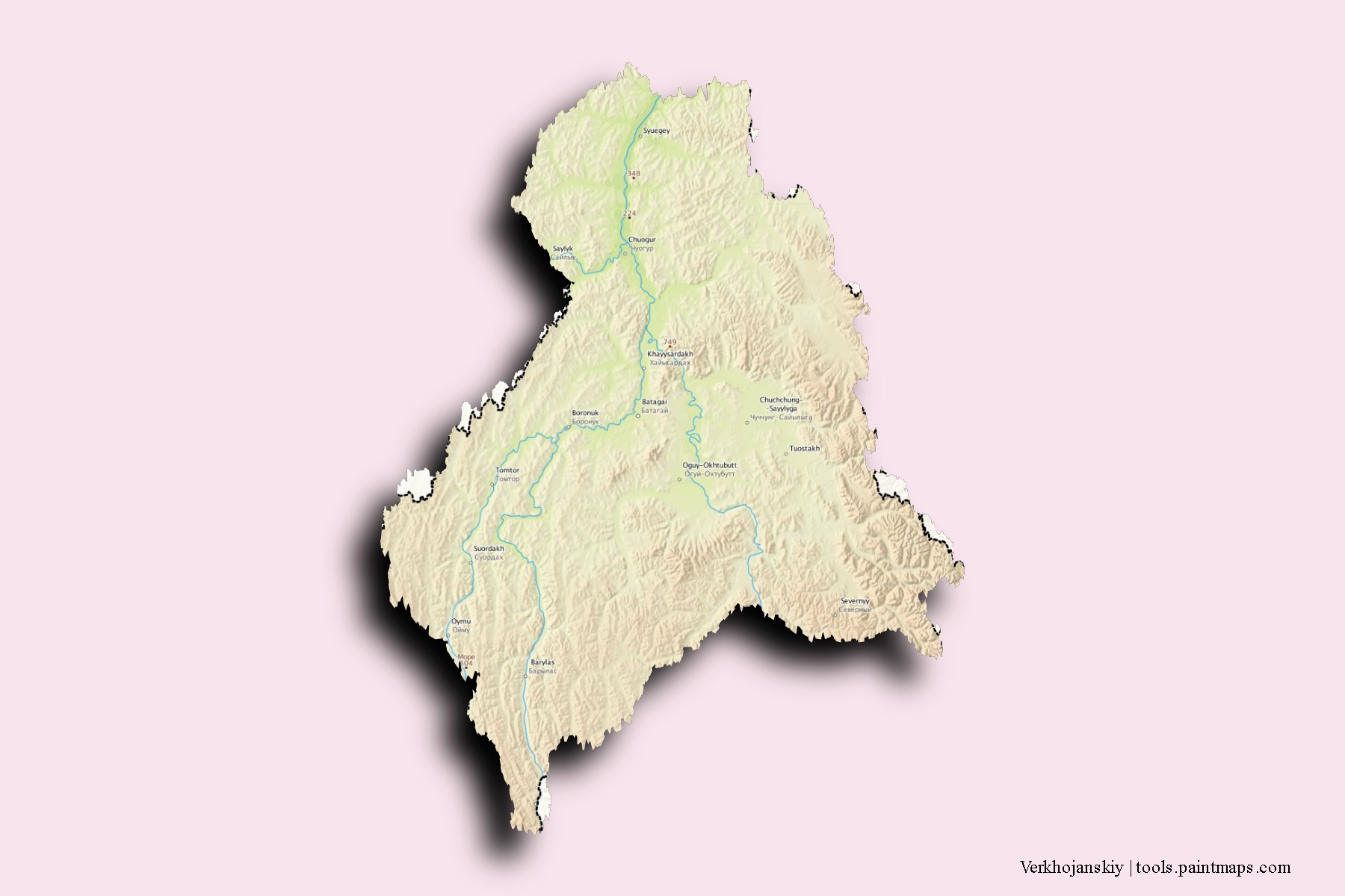 Mapa de barrios y pueblos de Verkhojanskiy con efecto de sombra 3D