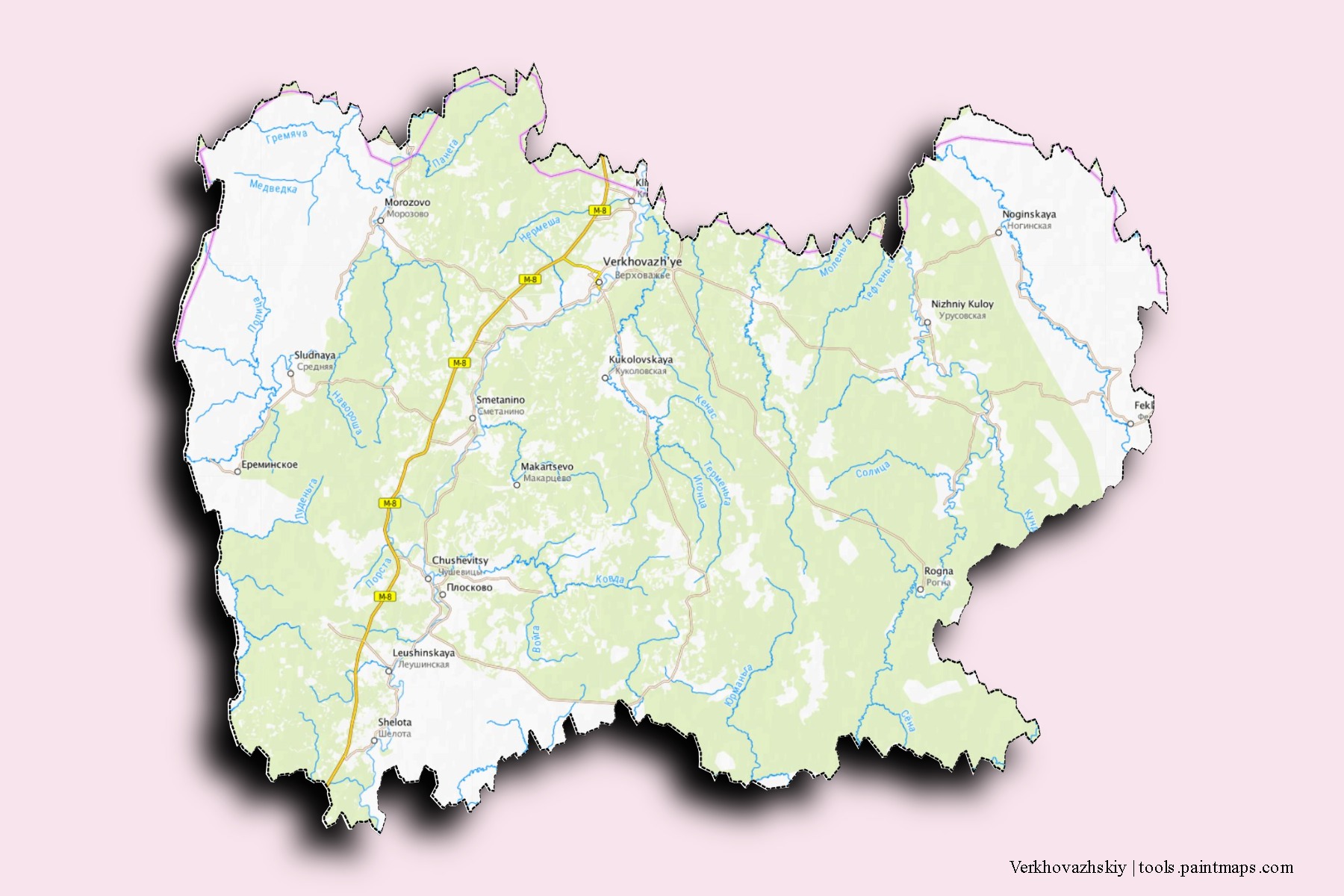 Verkhovazhskiy neighborhoods and villages map with 3D shadow effect