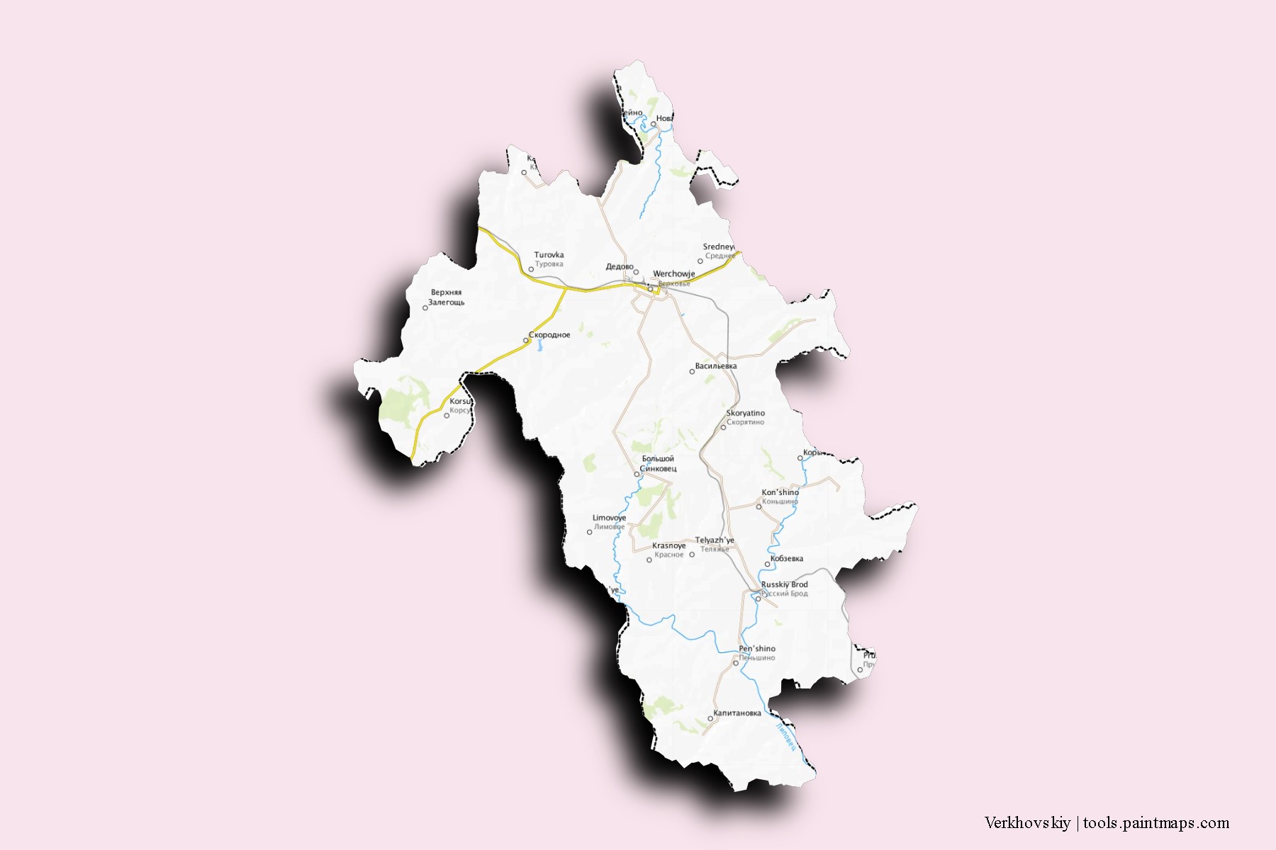 Mapa de barrios y pueblos de Verkhovskiy con efecto de sombra 3D