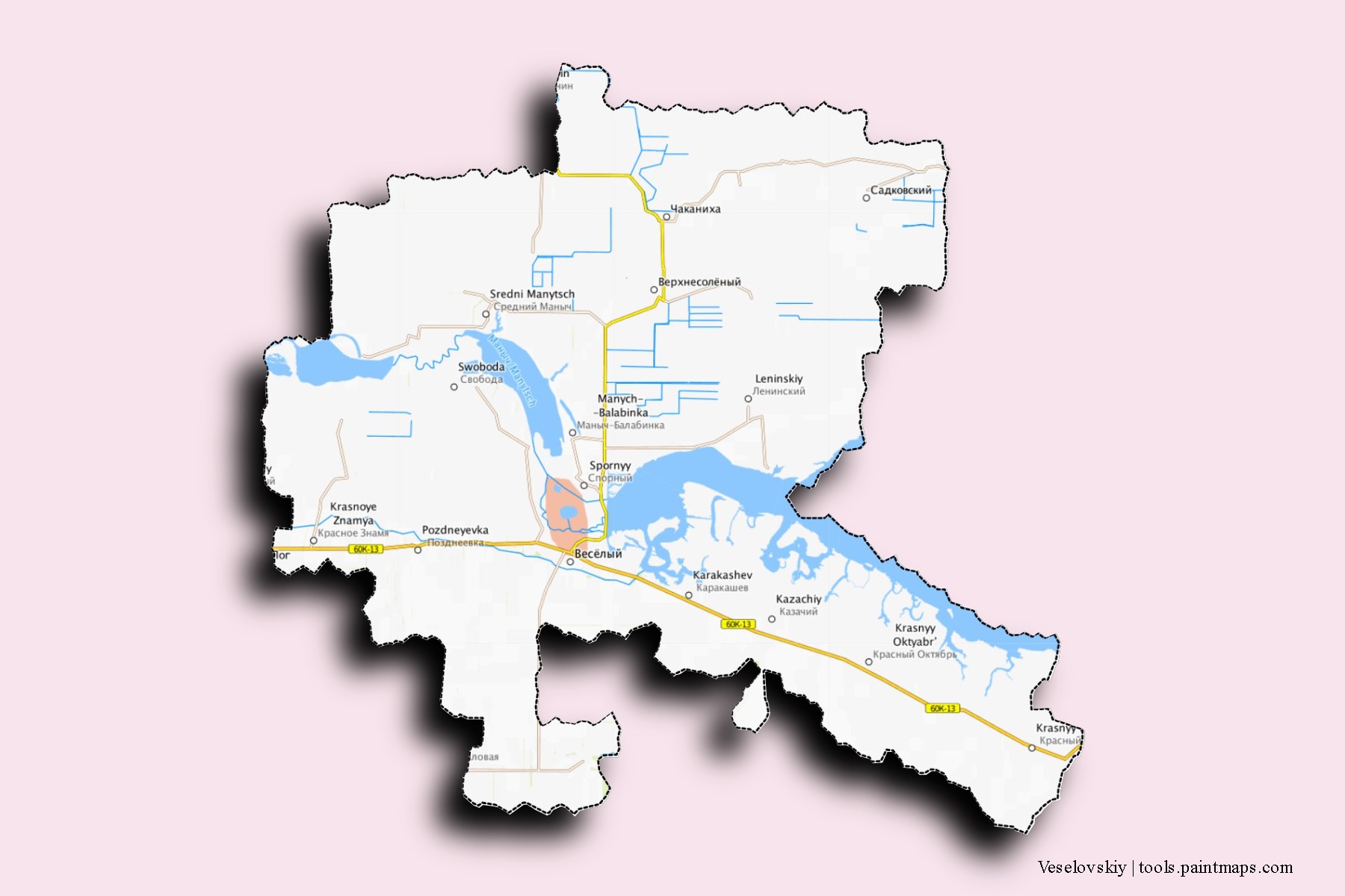 Mapa de barrios y pueblos de Veselovskiy con efecto de sombra 3D