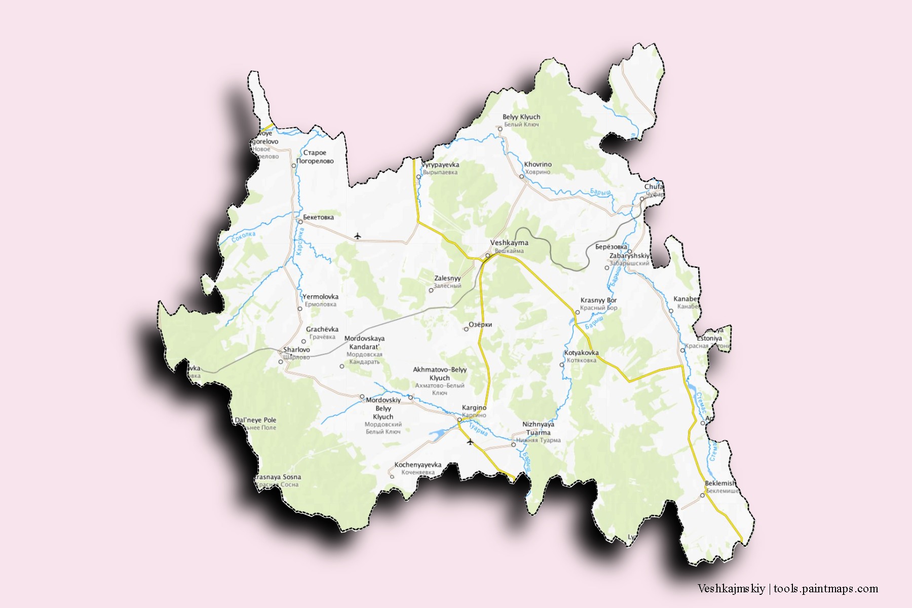 Mapa de barrios y pueblos de Veshkajmskiy con efecto de sombra 3D