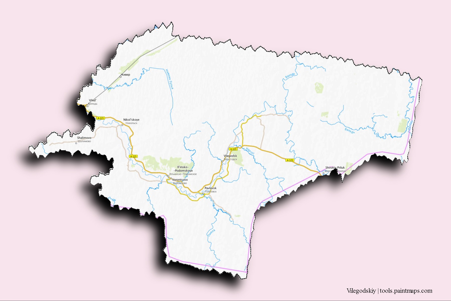 Mapa de barrios y pueblos de Vilegodskiy con efecto de sombra 3D