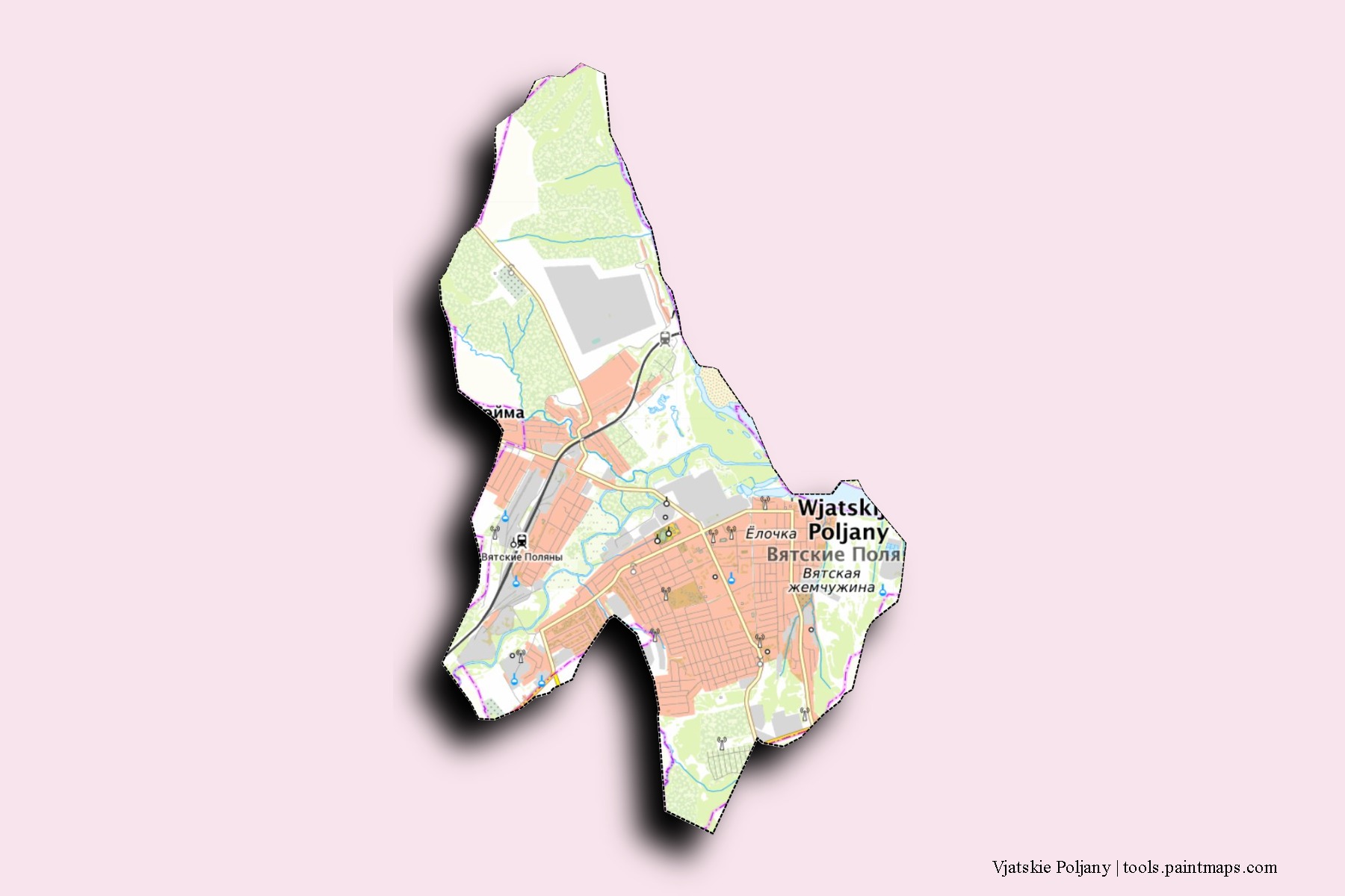 Mapa de barrios y pueblos de Vjatskie Poljany con efecto de sombra 3D