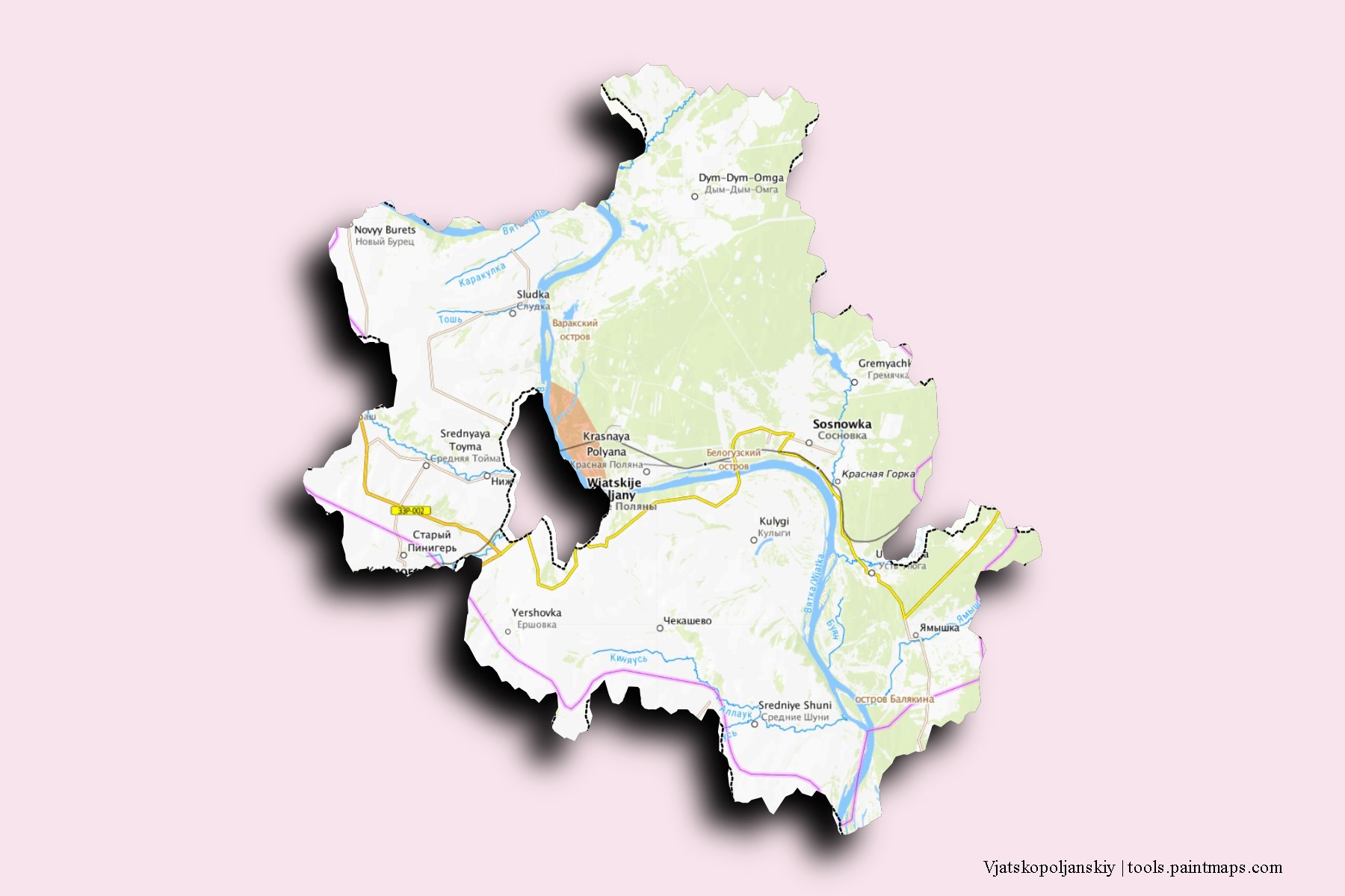 Vjatskopoljanskiy neighborhoods and villages map with 3D shadow effect