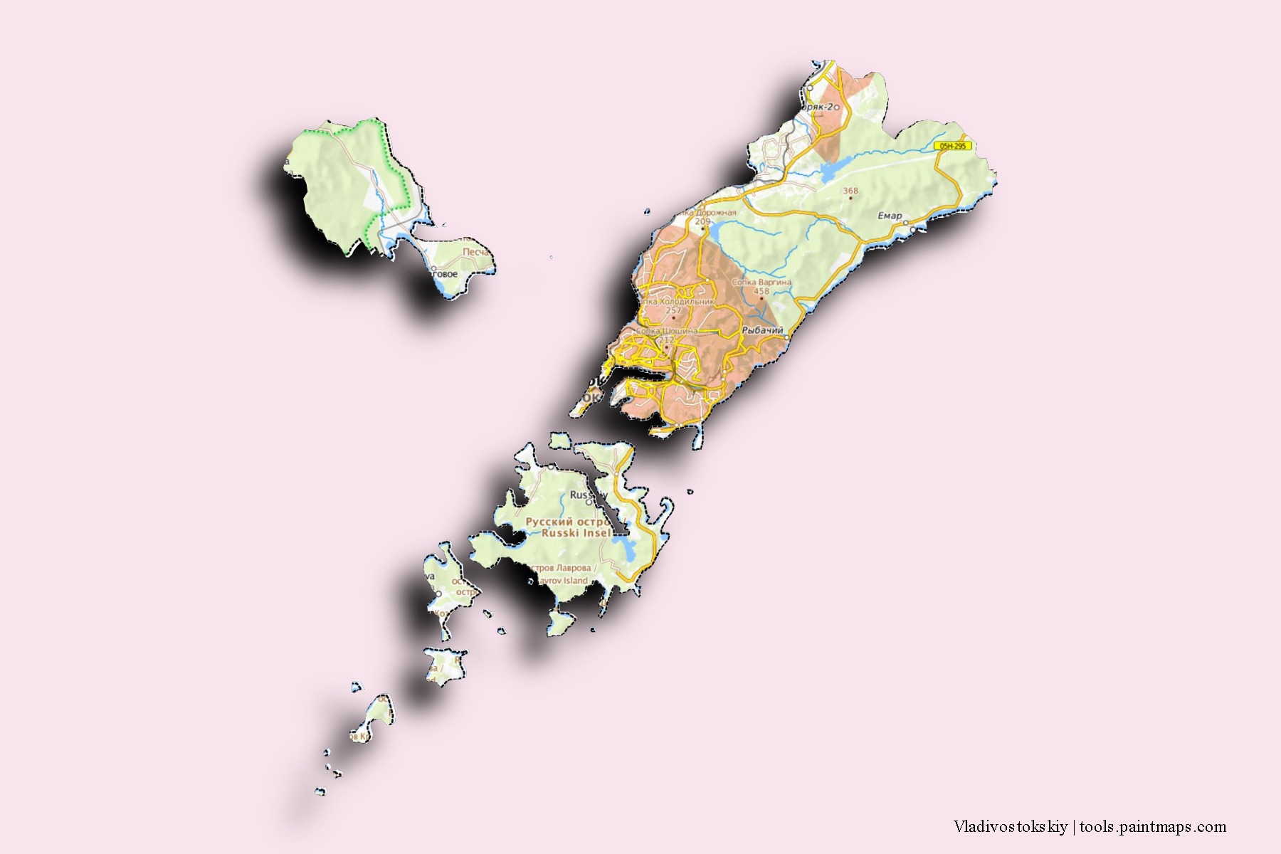 Mapa de barrios y pueblos de Vladivostokskiy con efecto de sombra 3D