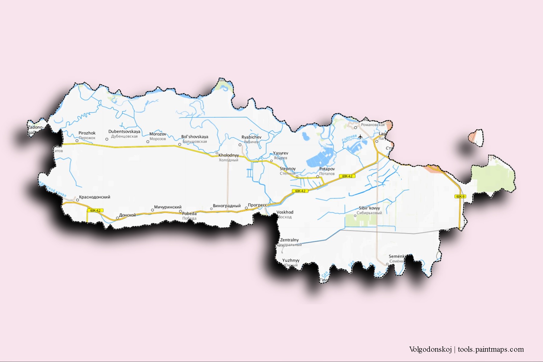 Volgodonskoj neighborhoods and villages map with 3D shadow effect