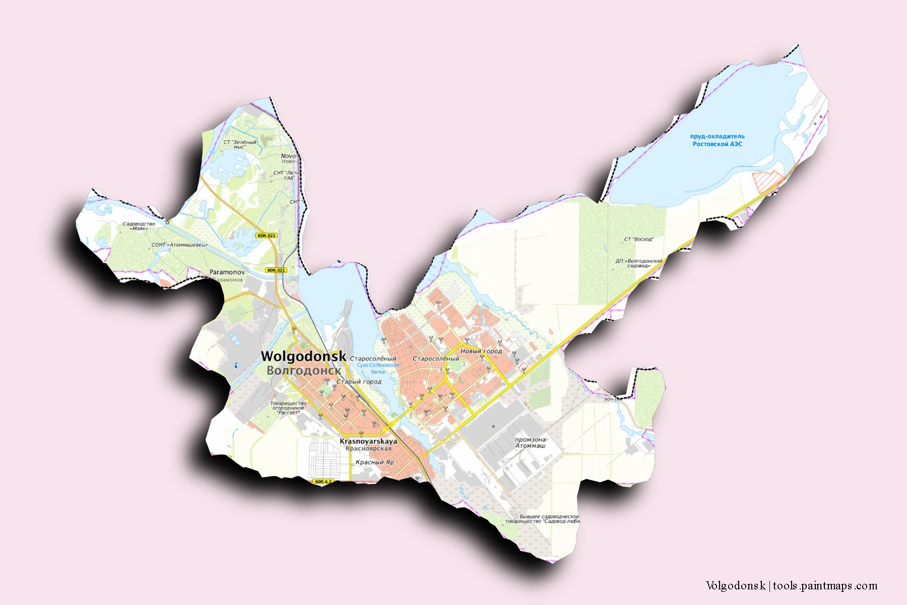 Volgodonsk neighborhoods and villages map with 3D shadow effect