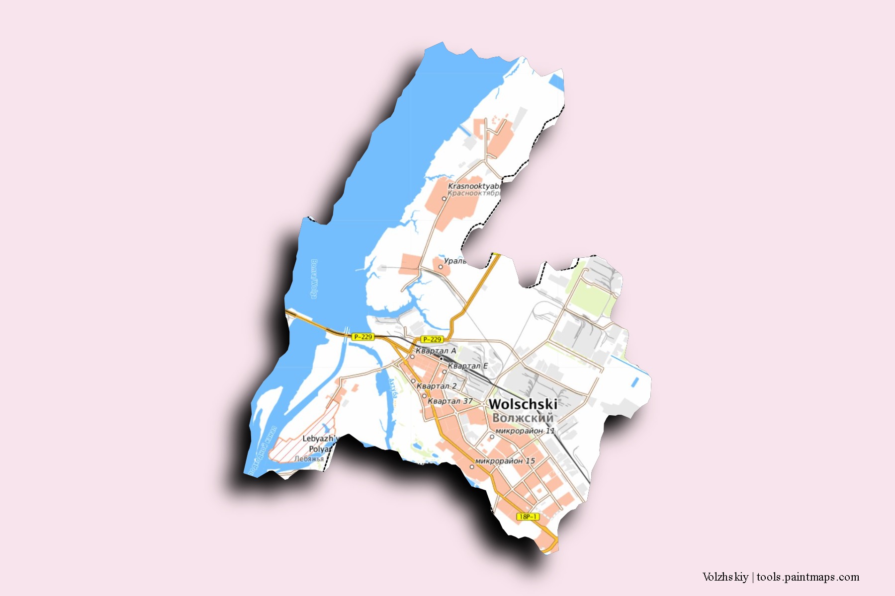 Volzhskiy neighborhoods and villages map with 3D shadow effect