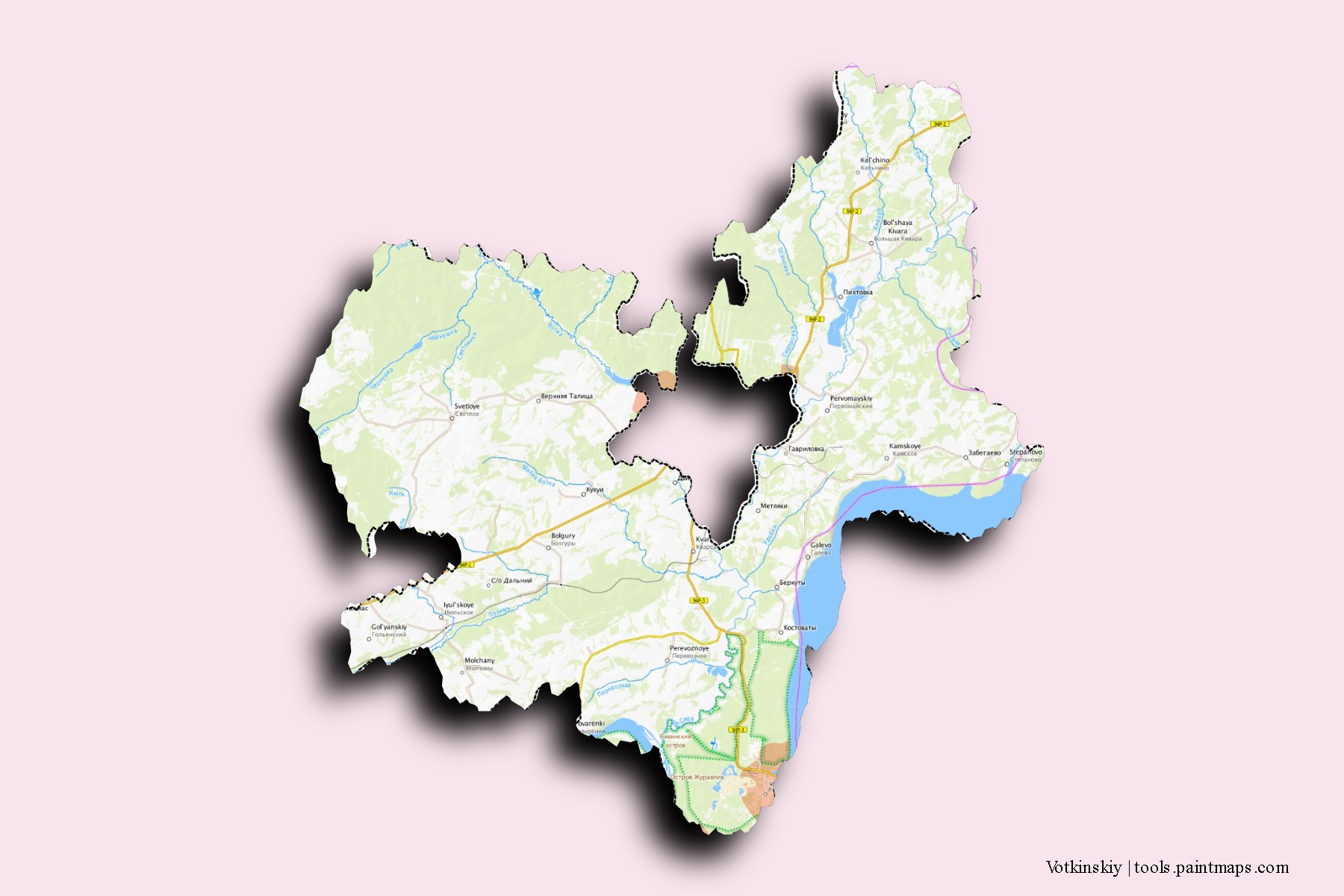 Mapa de barrios y pueblos de Votkinskiy con efecto de sombra 3D