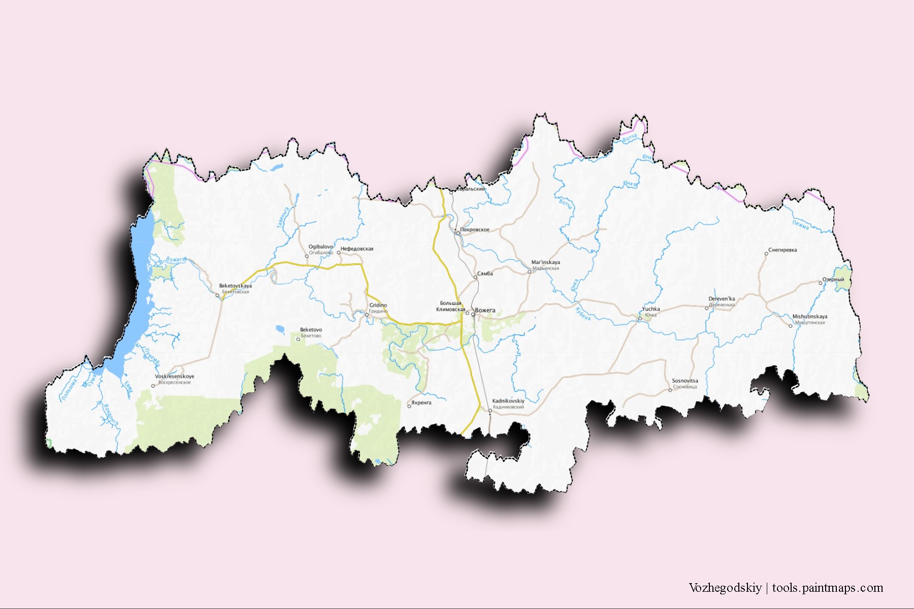 Mapa de barrios y pueblos de Vozhegodskiy con efecto de sombra 3D