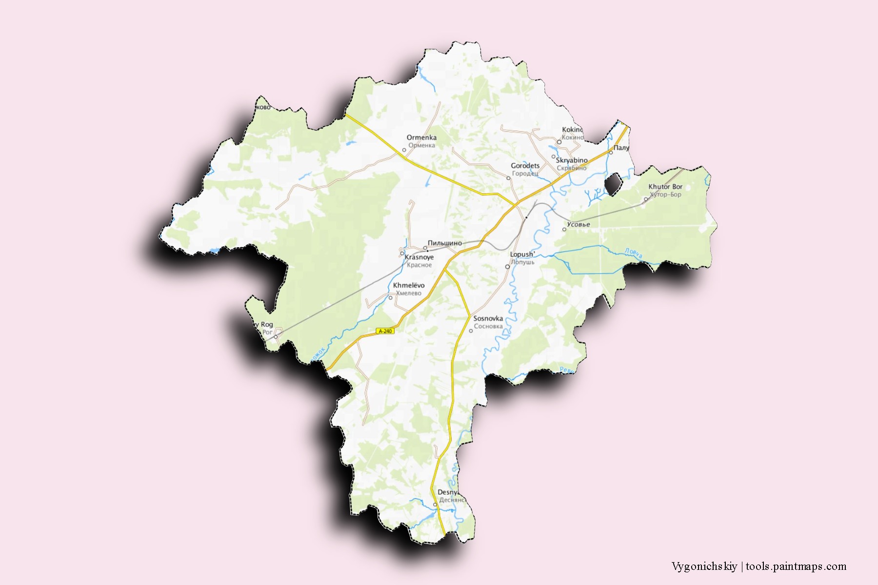 Mapa de barrios y pueblos de Vygonichskiy con efecto de sombra 3D