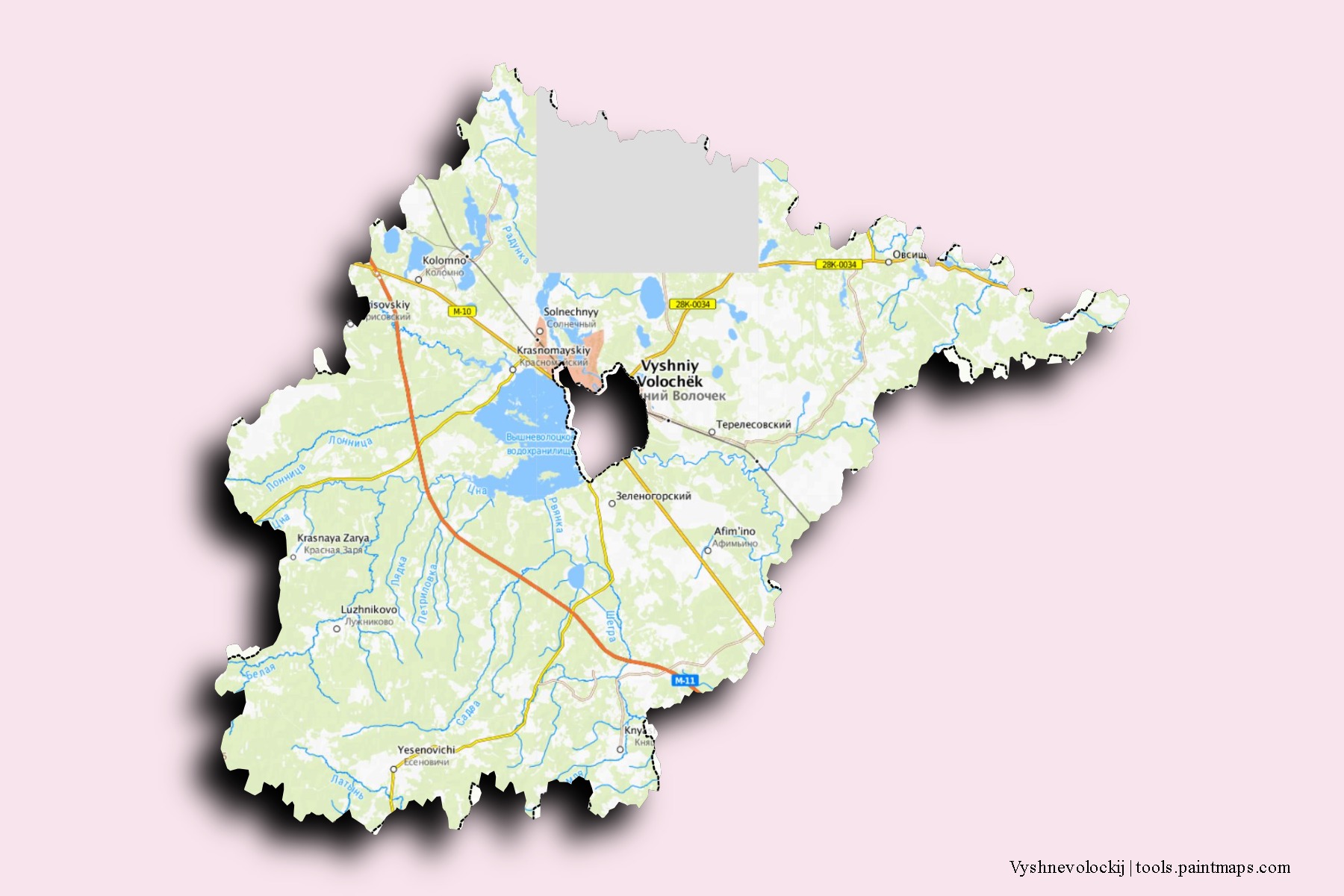 3D gölge efektli Vyshnevolockij mahalleleri ve köyleri haritası