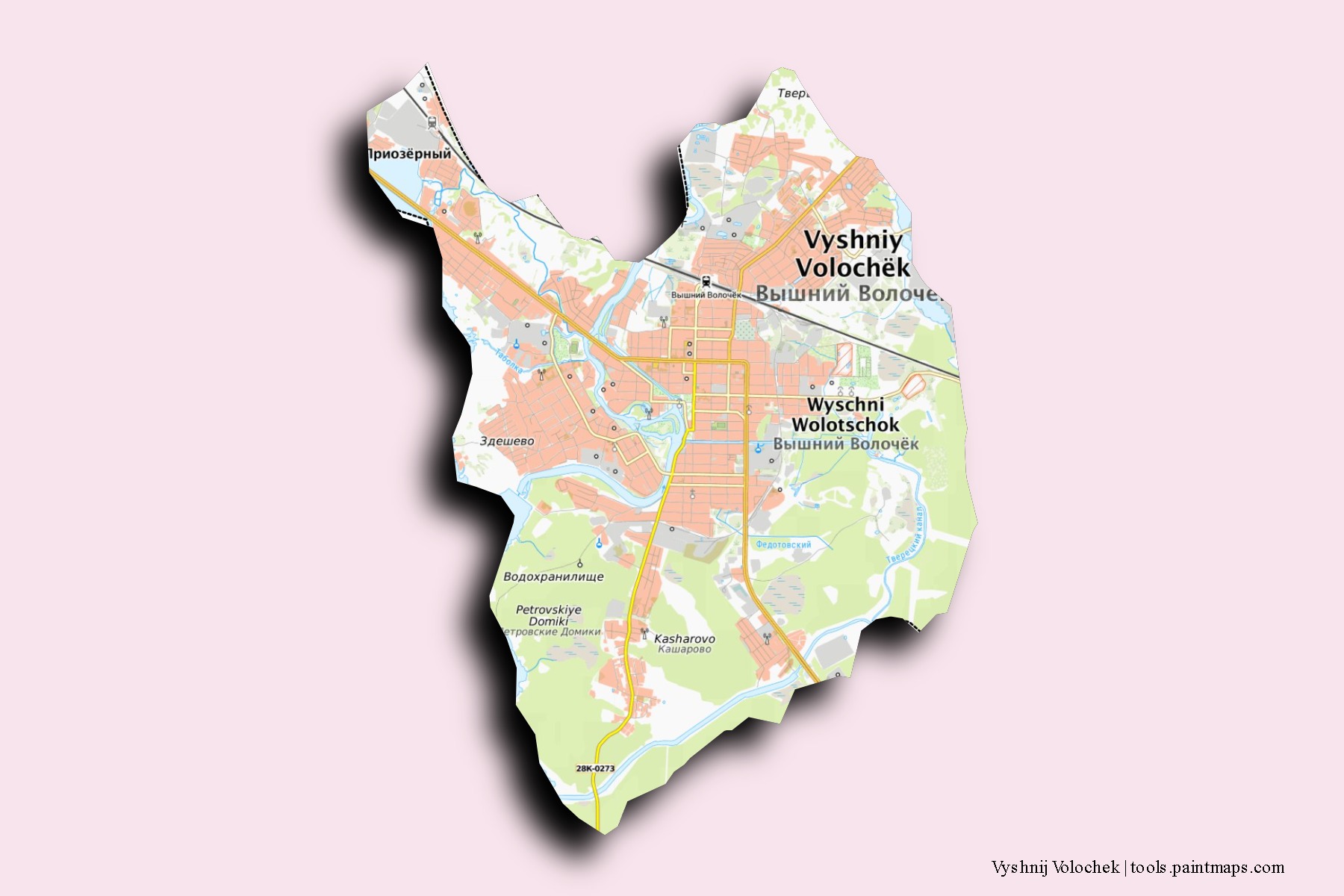 Mapa de barrios y pueblos de Vyshnij Volochek con efecto de sombra 3D