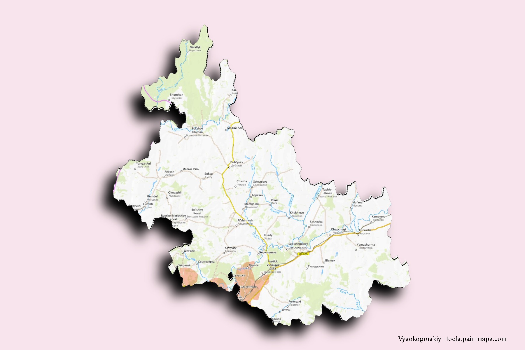 Vysokogorskiy neighborhoods and villages map with 3D shadow effect