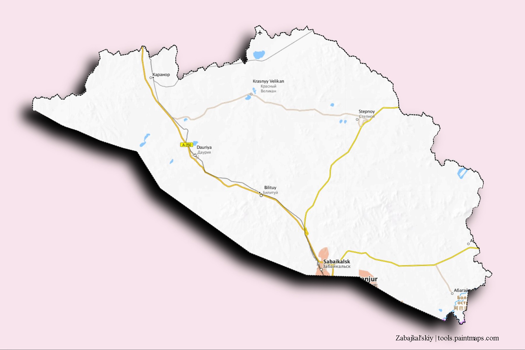 Mapa de barrios y pueblos de Zabajkal'skiy con efecto de sombra 3D