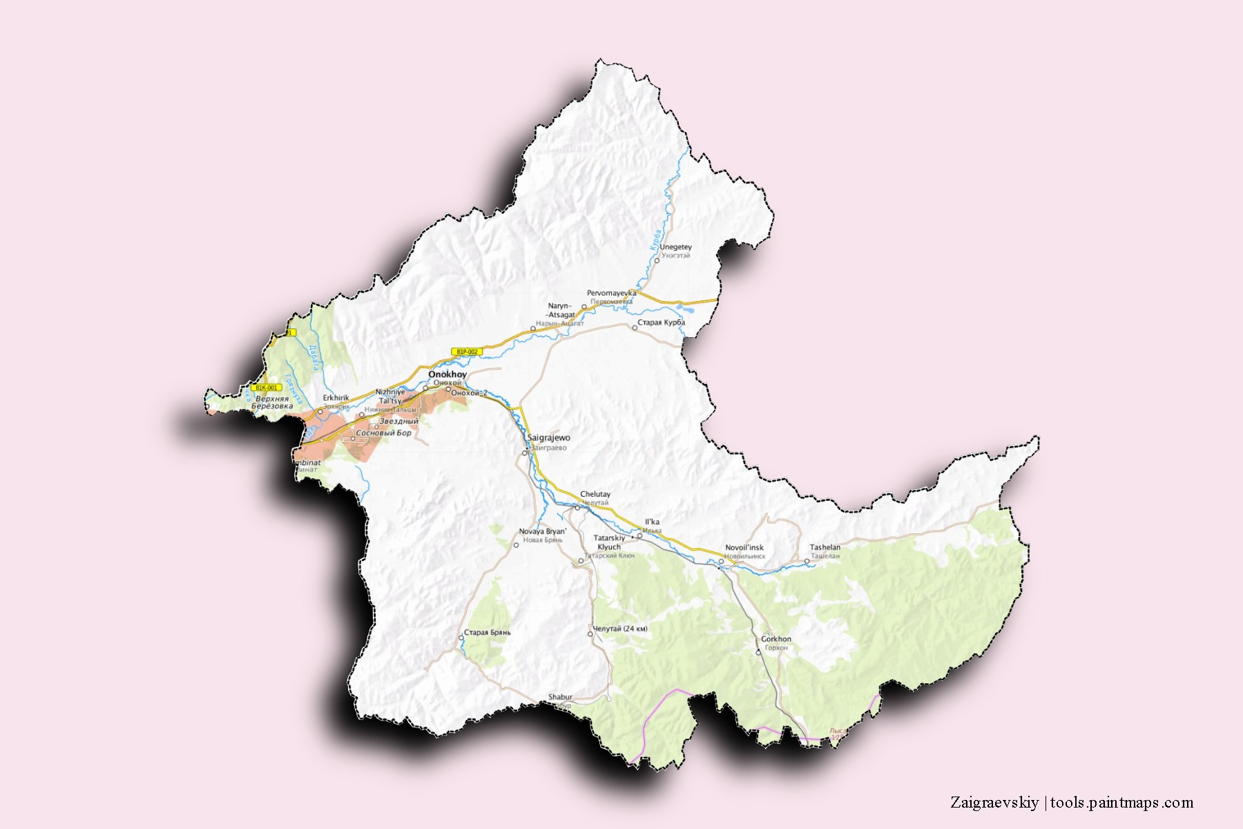 Mapa de barrios y pueblos de Zaigraevskiy con efecto de sombra 3D