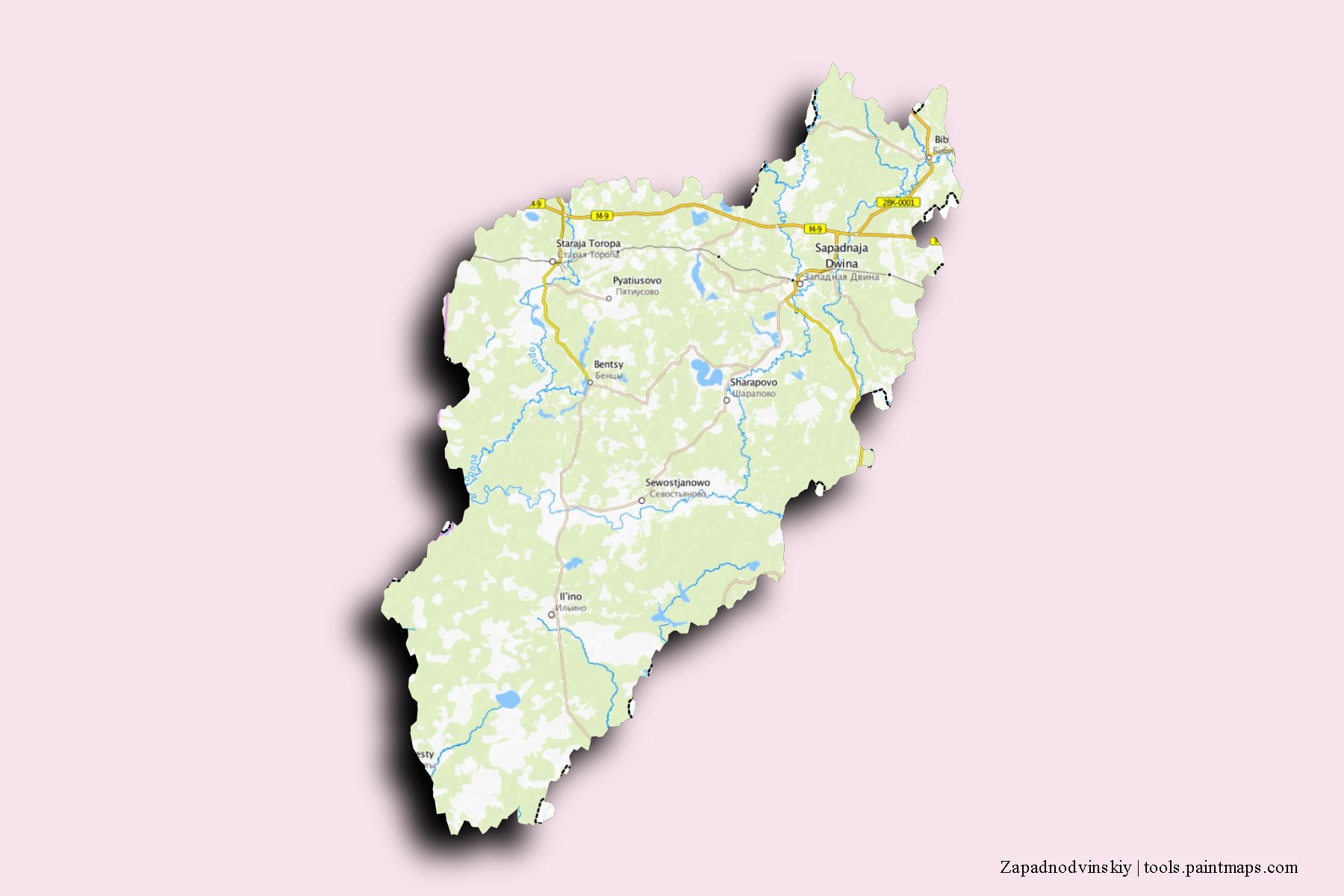 Mapa de barrios y pueblos de Zapadnodvinskiy con efecto de sombra 3D