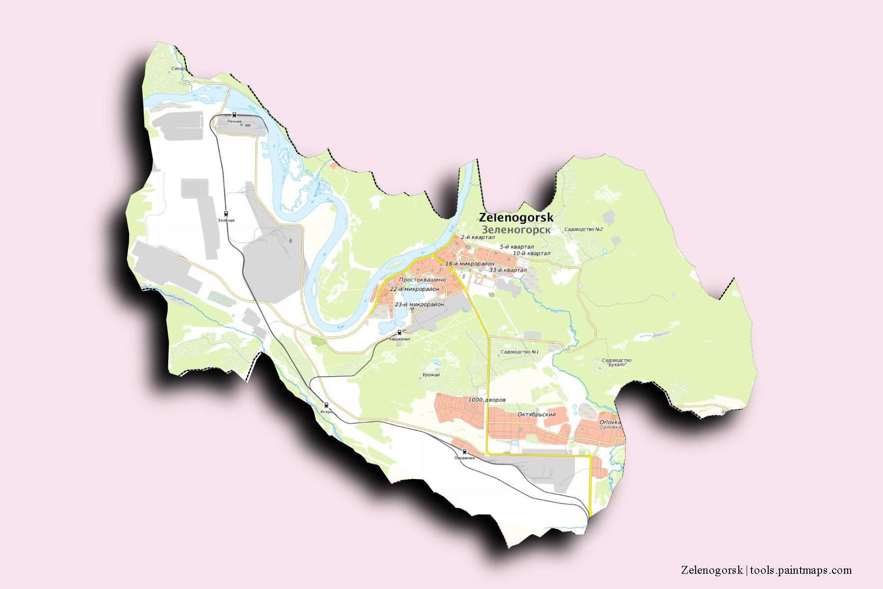 Mapa de barrios y pueblos de Zelenogorsk con efecto de sombra 3D