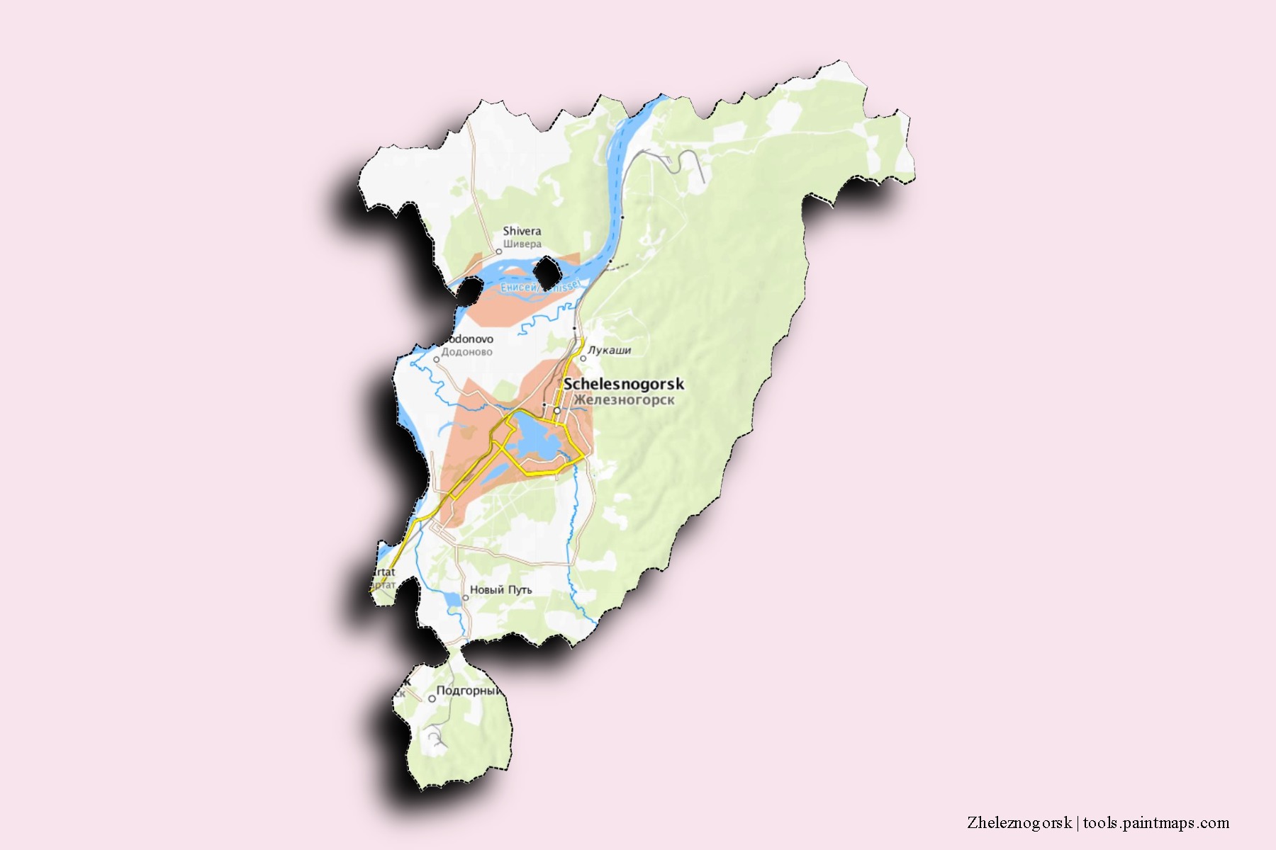 Zheleznogorsk neighborhoods and villages map with 3D shadow effect