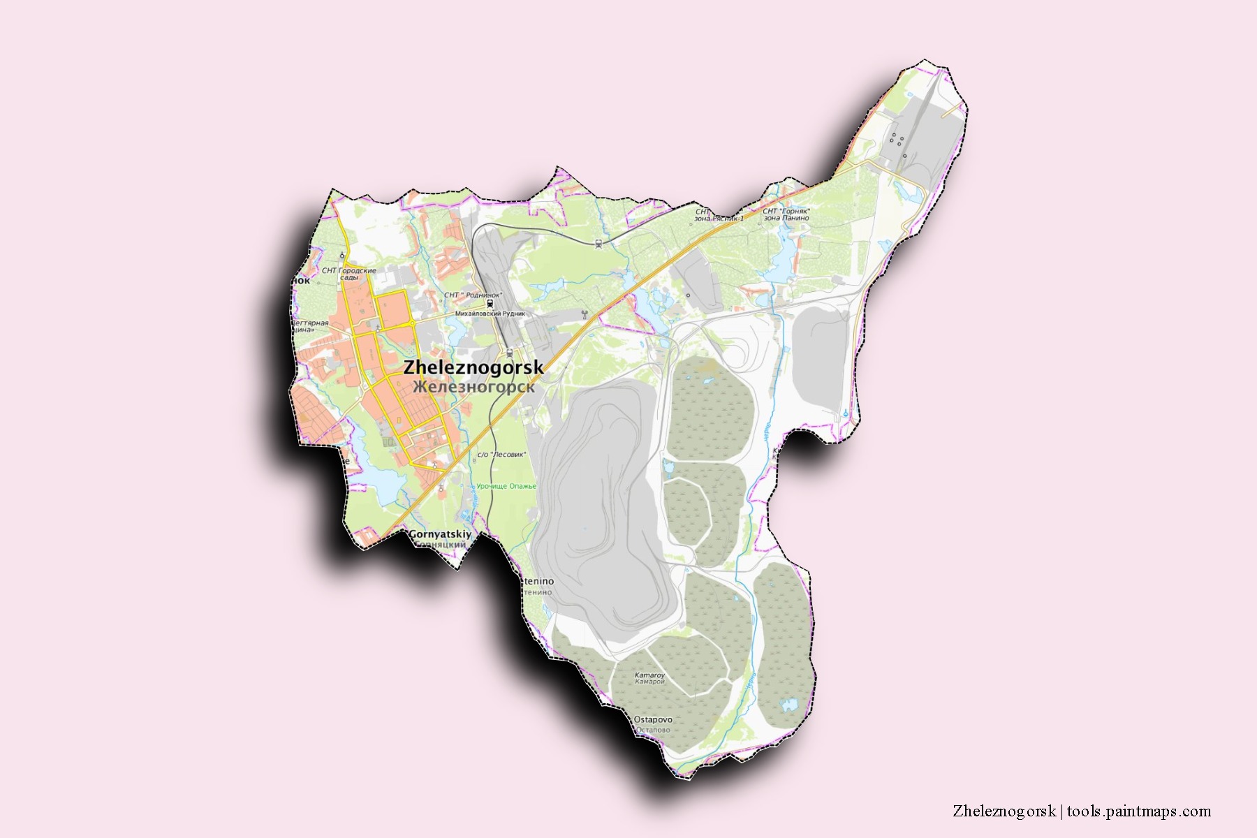 Mapa de barrios y pueblos de Zheleznogorsk con efecto de sombra 3D