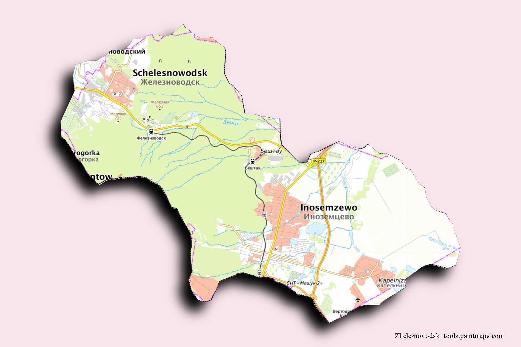 Zheleznovodsk neighborhoods and villages map with 3D shadow effect