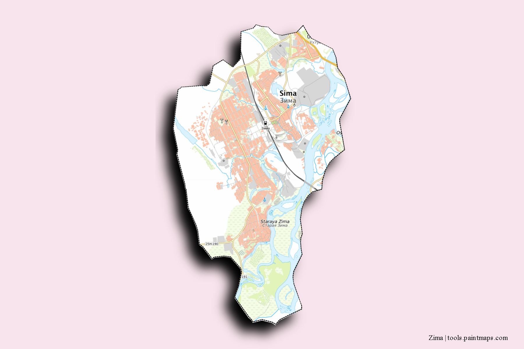 Mapa de barrios y pueblos de Zima con efecto de sombra 3D