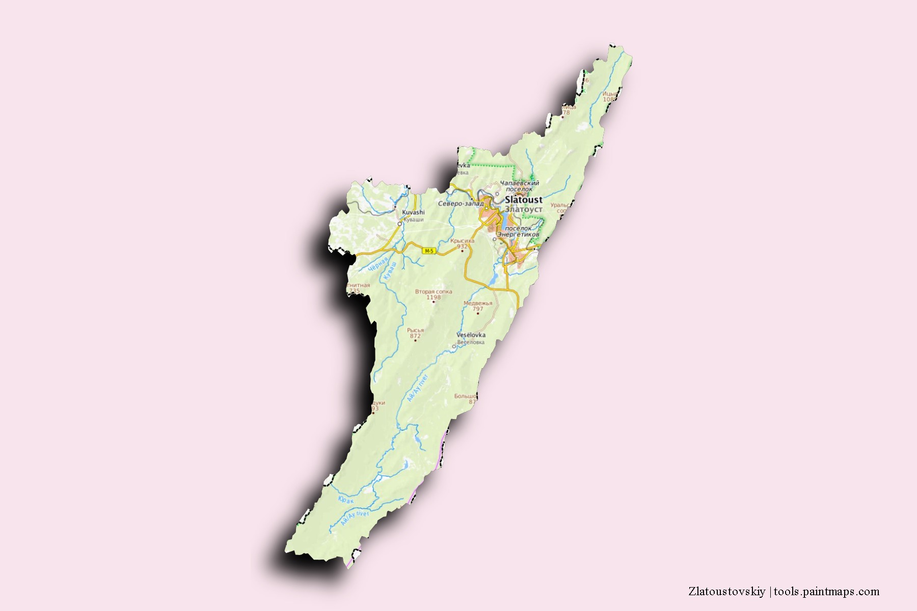 Mapa de barrios y pueblos de Zlatoustovskiy con efecto de sombra 3D