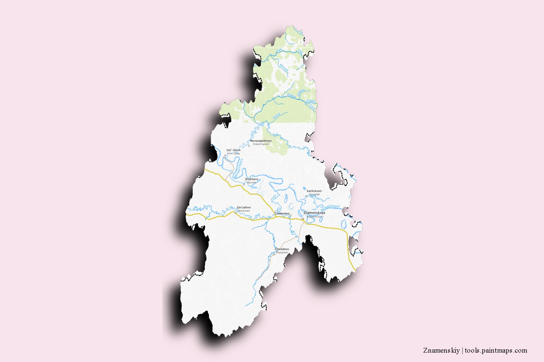 Mapa de barrios y pueblos de Znamenskiy con efecto de sombra 3D