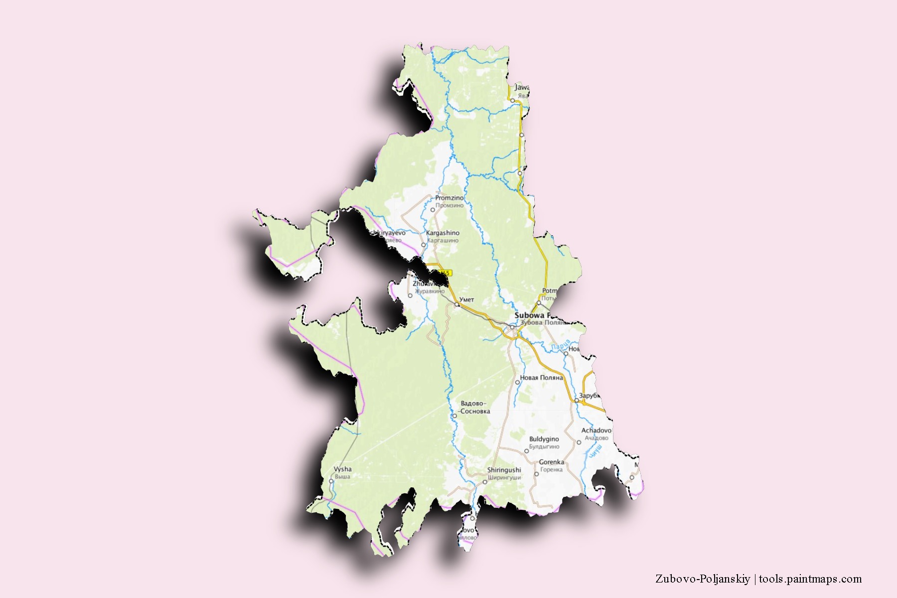 Mapa de barrios y pueblos de Zubovo-Poljanskiy con efecto de sombra 3D