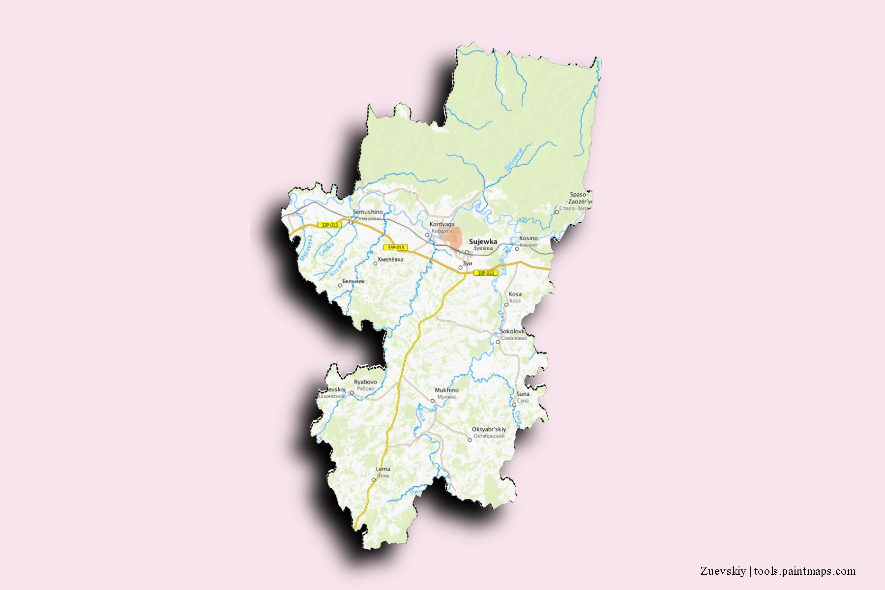 Zuevskiy neighborhoods and villages map with 3D shadow effect