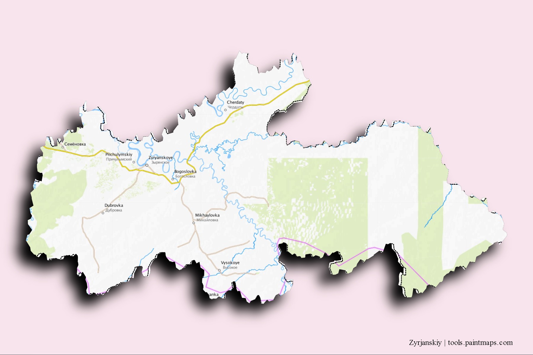 Zyrjanskiy neighborhoods and villages map with 3D shadow effect