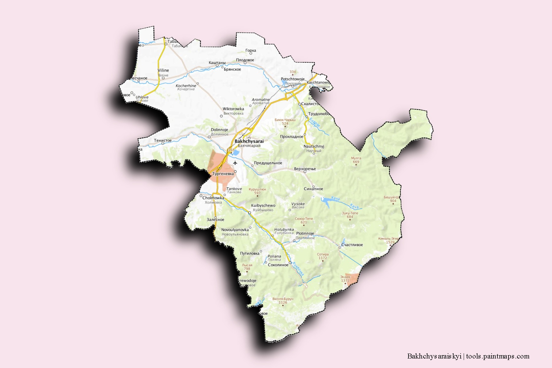 Bakhchysaraiskyi neighborhoods and villages map with 3D shadow effect