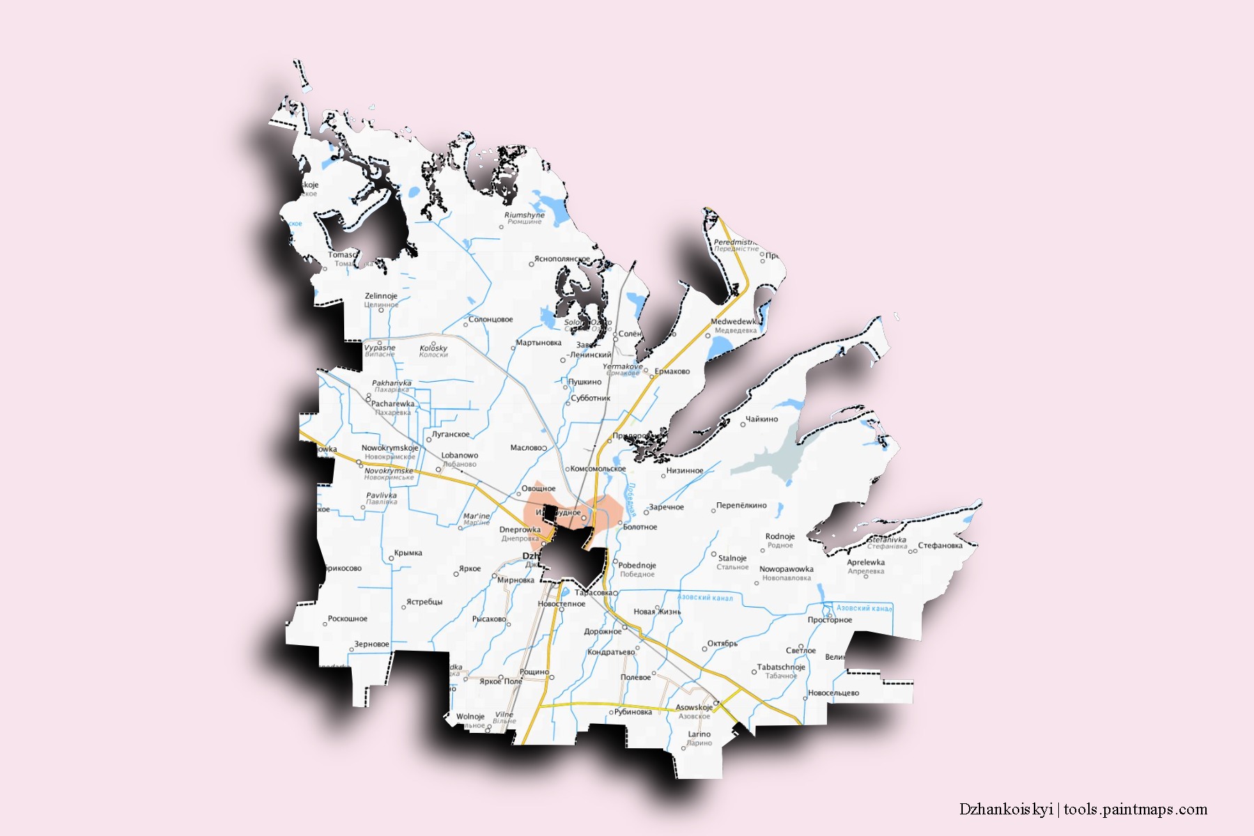 Dzhankoiskyi neighborhoods and villages map with 3D shadow effect