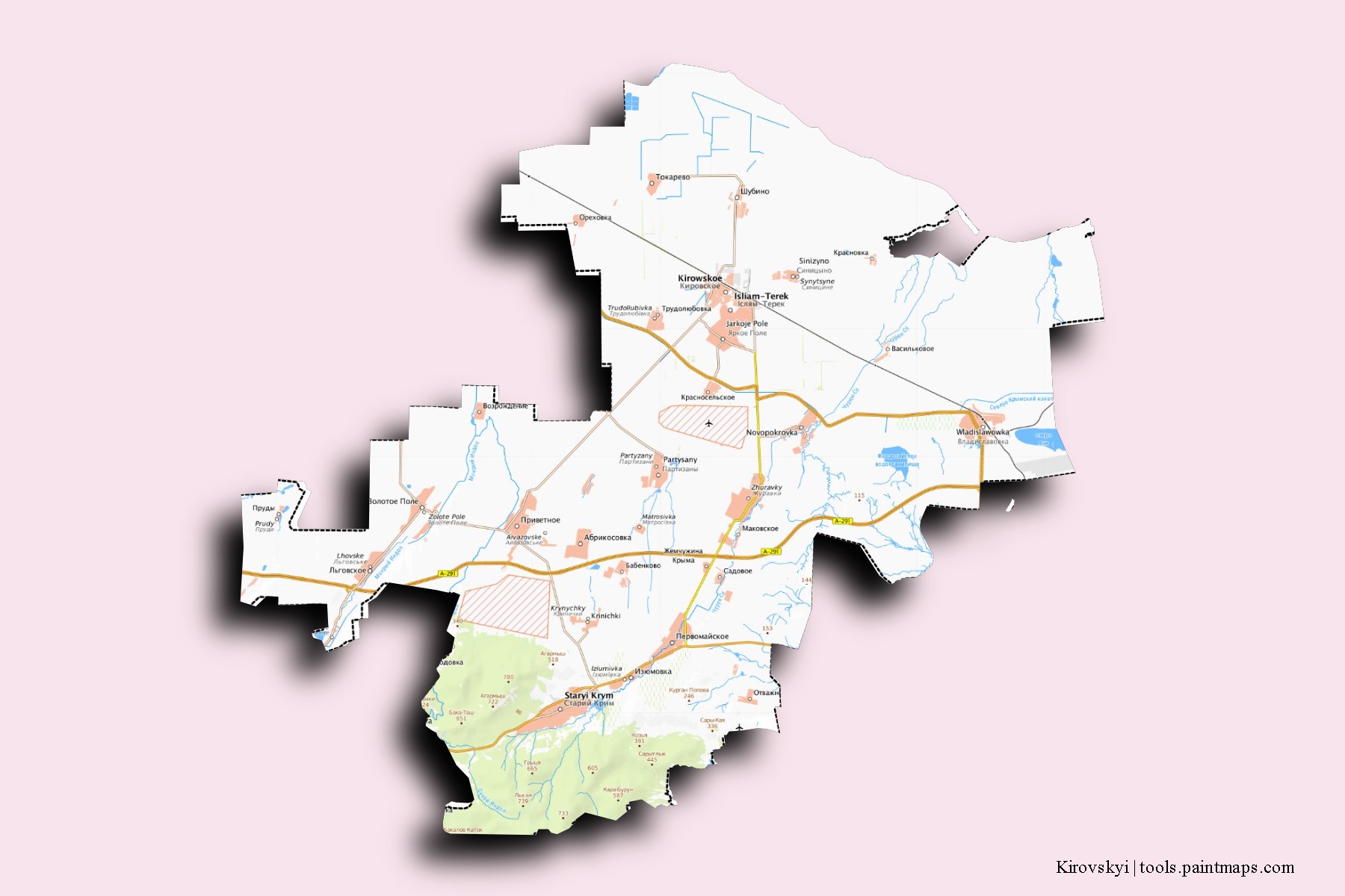 Kirovskyi neighborhoods and villages map with 3D shadow effect