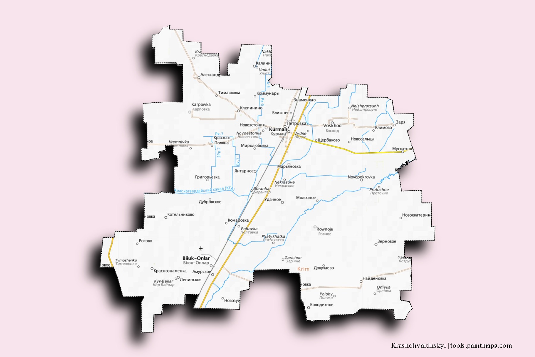Krasnohvardiiskyi neighborhoods and villages map with 3D shadow effect