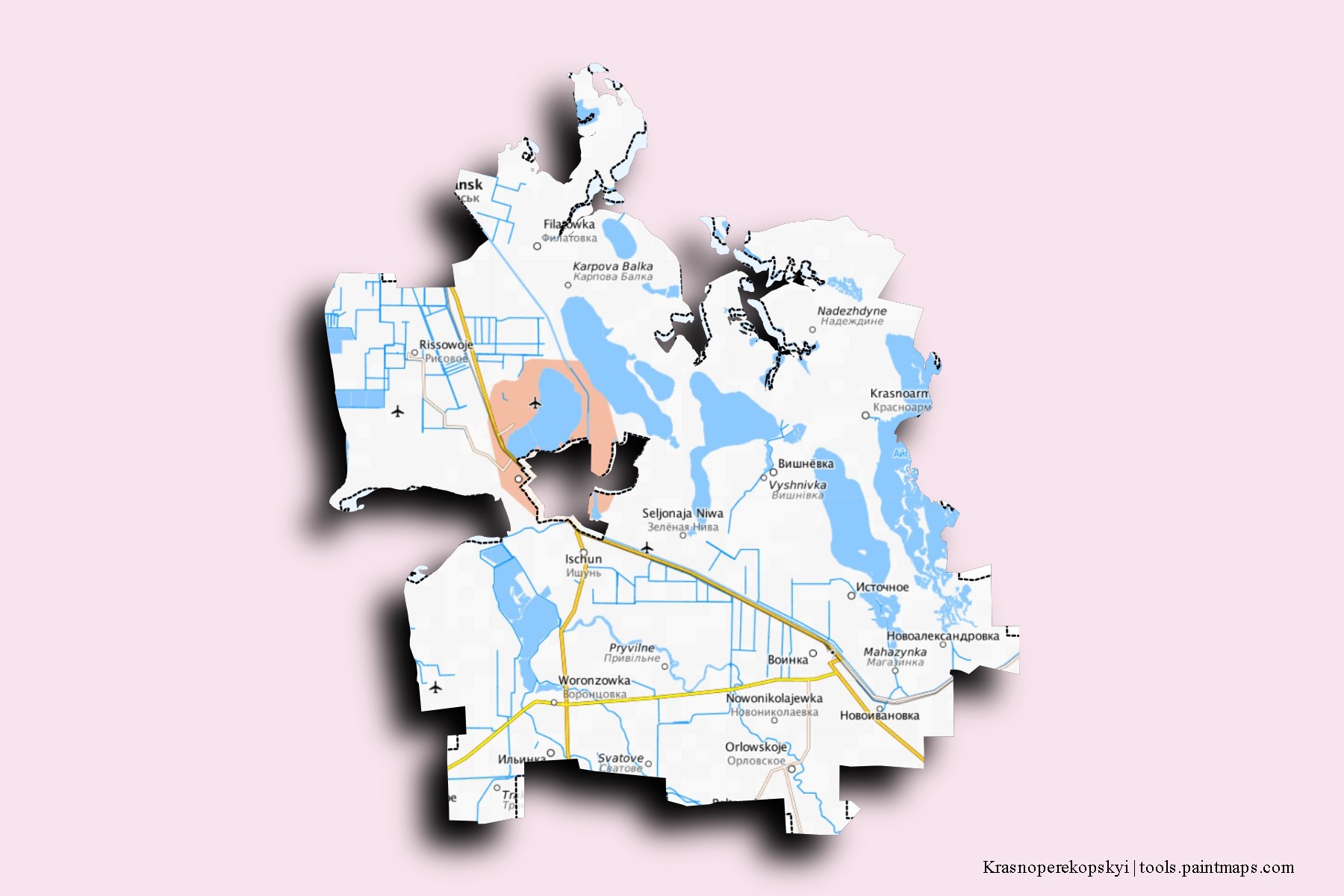 Krasnoperekopskyi neighborhoods and villages map with 3D shadow effect