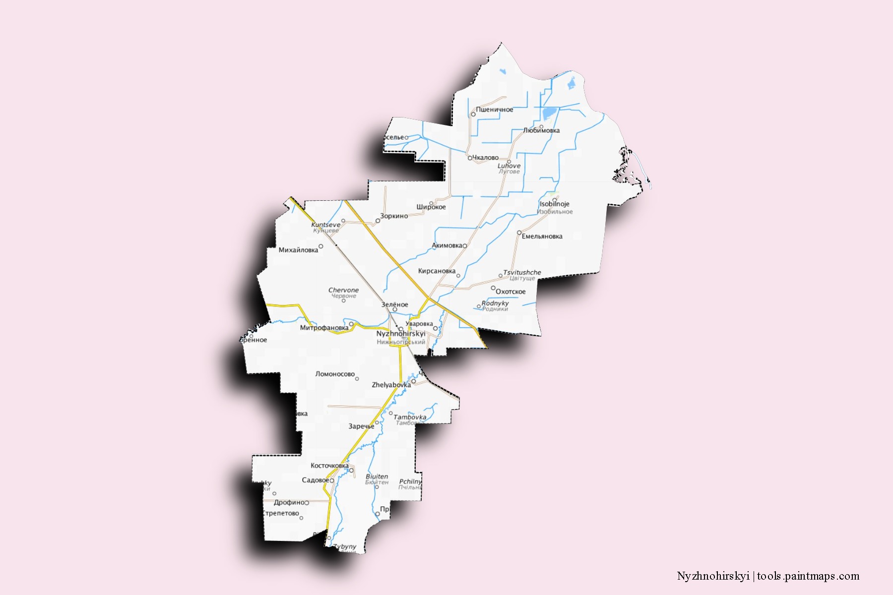 Nyzhnohirskyi neighborhoods and villages map with 3D shadow effect