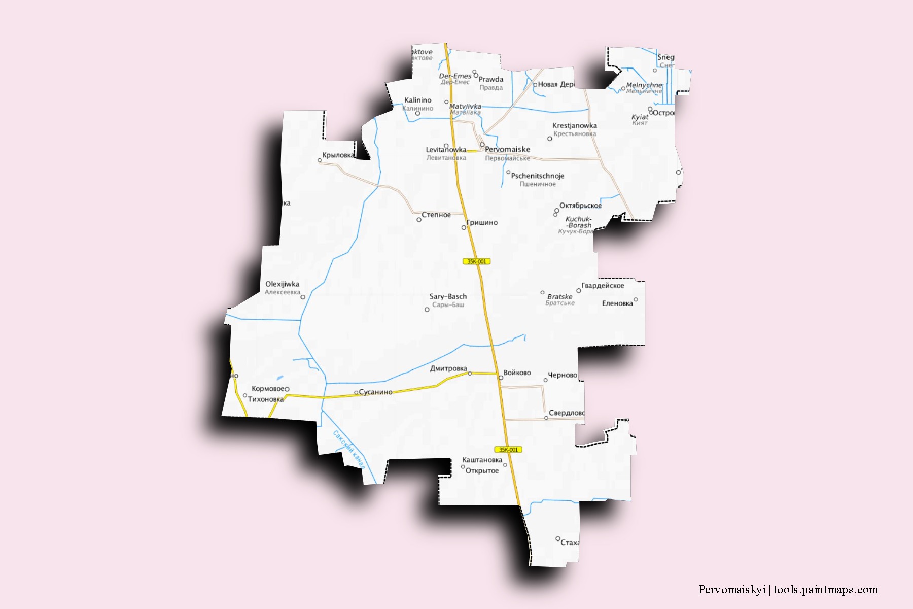 Pervomaiskyi neighborhoods and villages map with 3D shadow effect