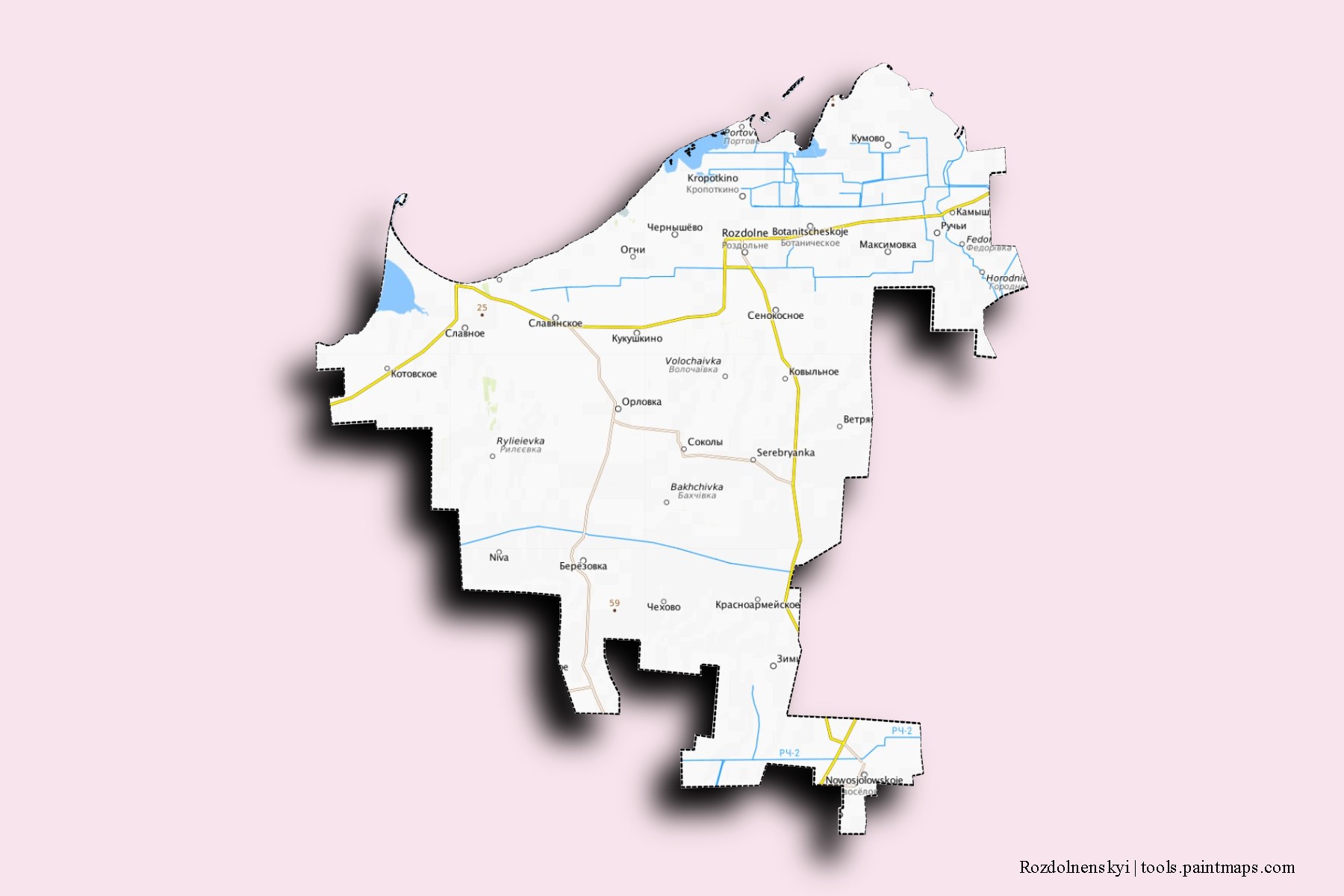 Rozdolnenskyi neighborhoods and villages map with 3D shadow effect
