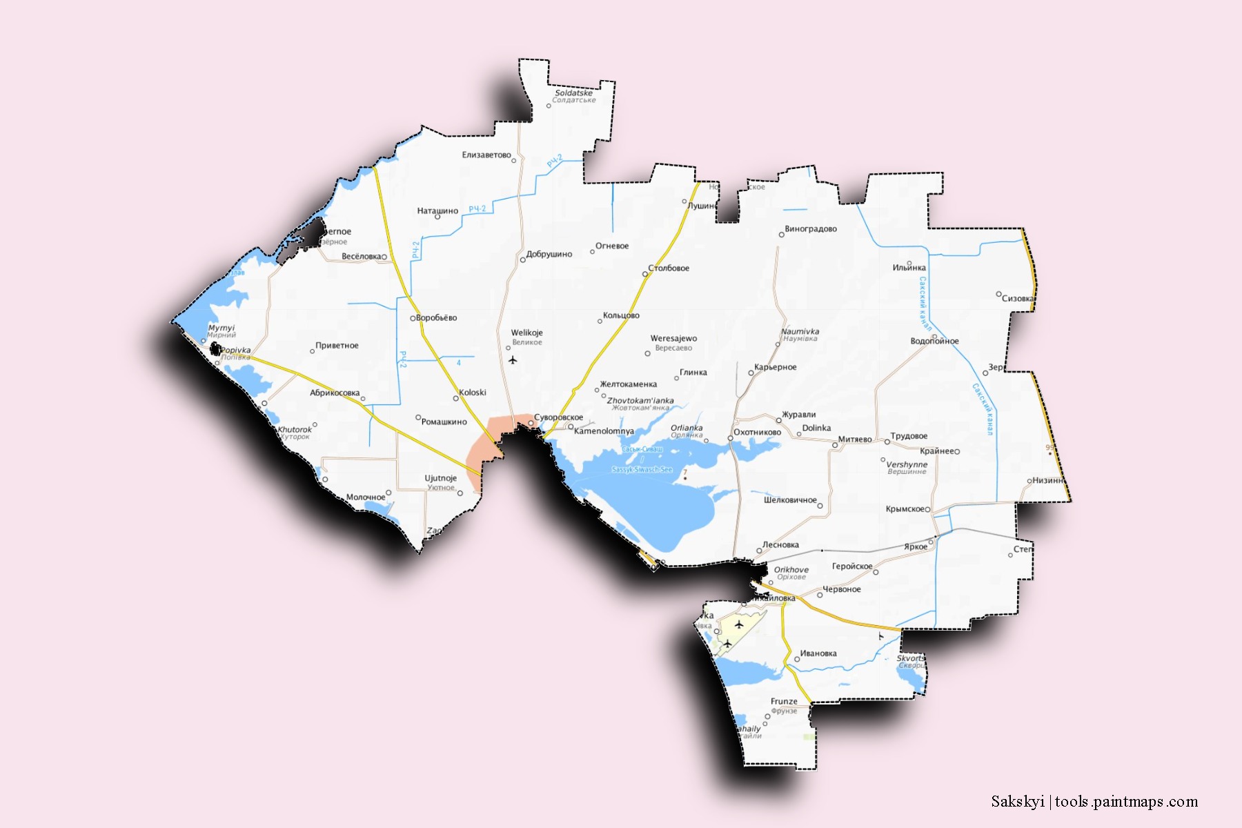 Sakskyi neighborhoods and villages map with 3D shadow effect