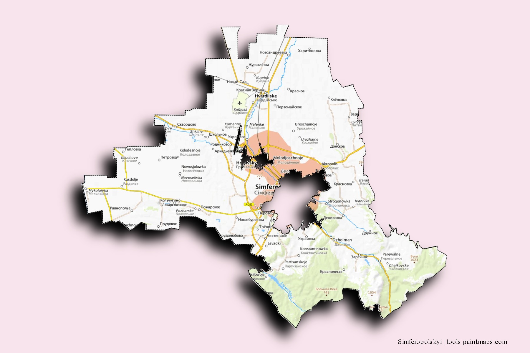 Simferopolskyi neighborhoods and villages map with 3D shadow effect