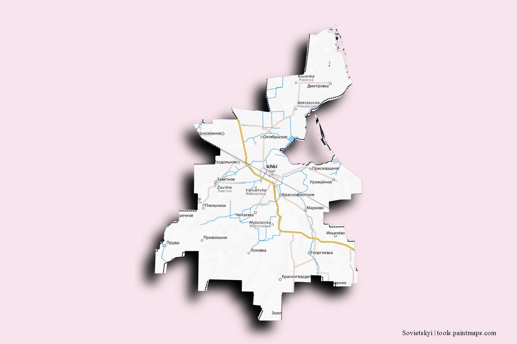 Sovietskyi neighborhoods and villages map with 3D shadow effect