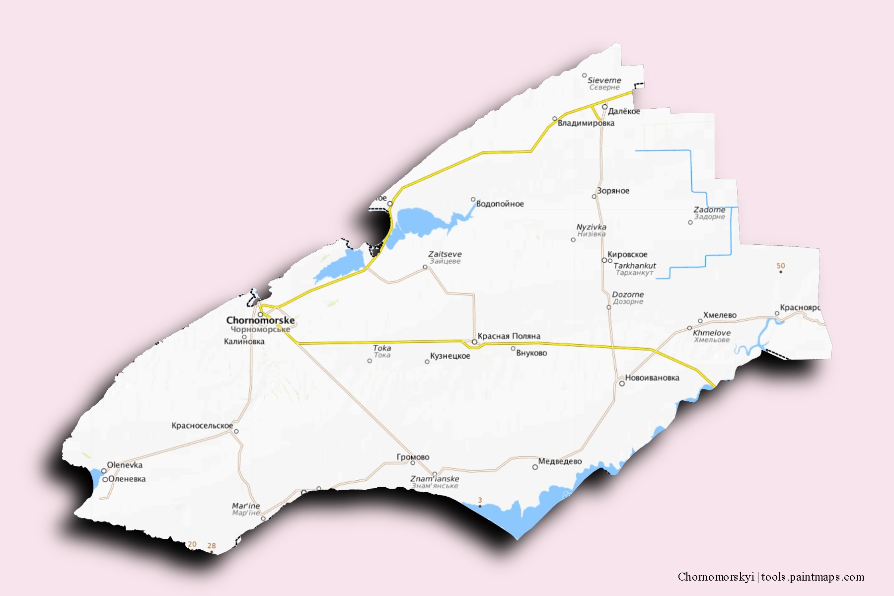 Chornomorskyi neighborhoods and villages map with 3D shadow effect