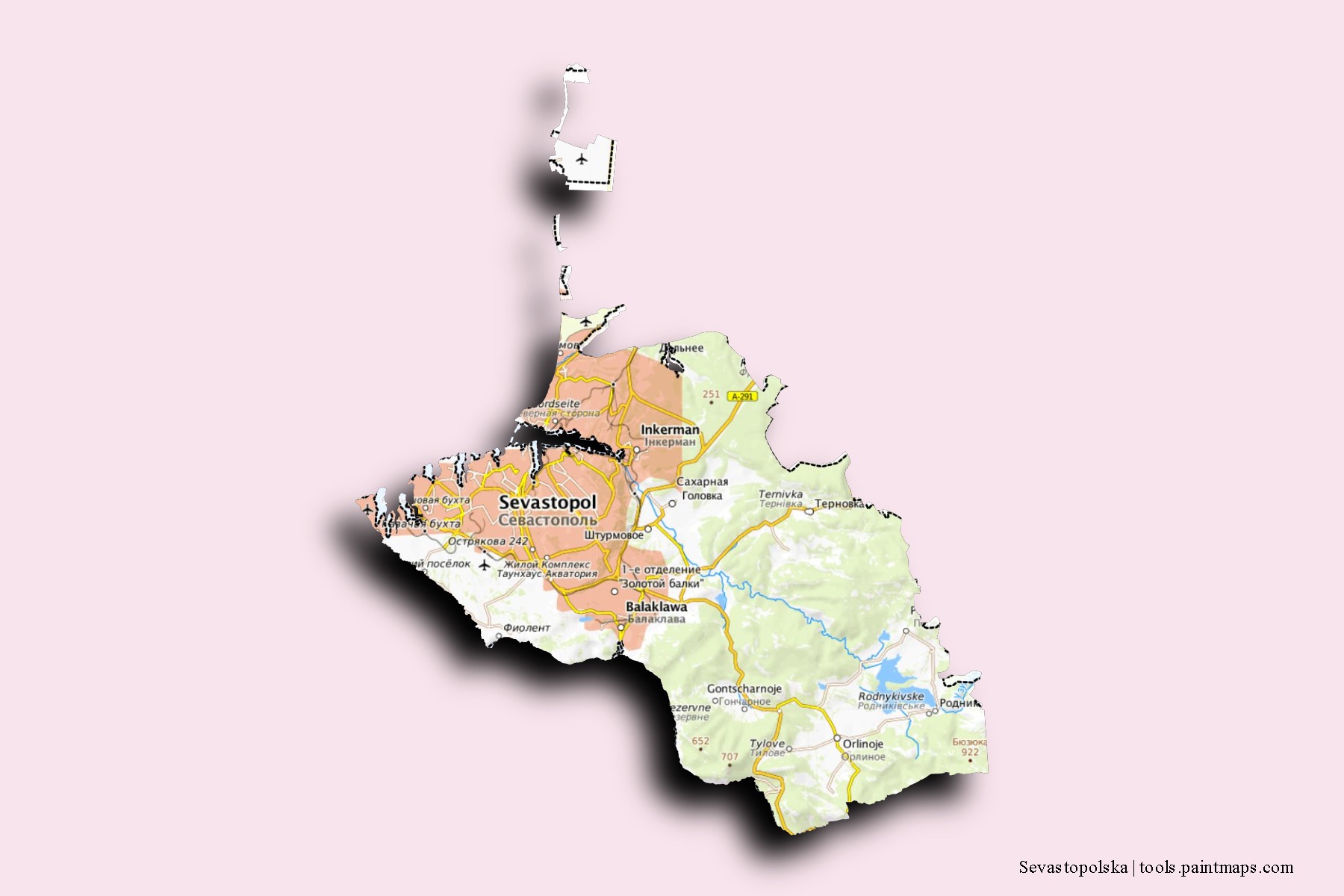Sevastopolska neighborhoods and villages map with 3D shadow effect