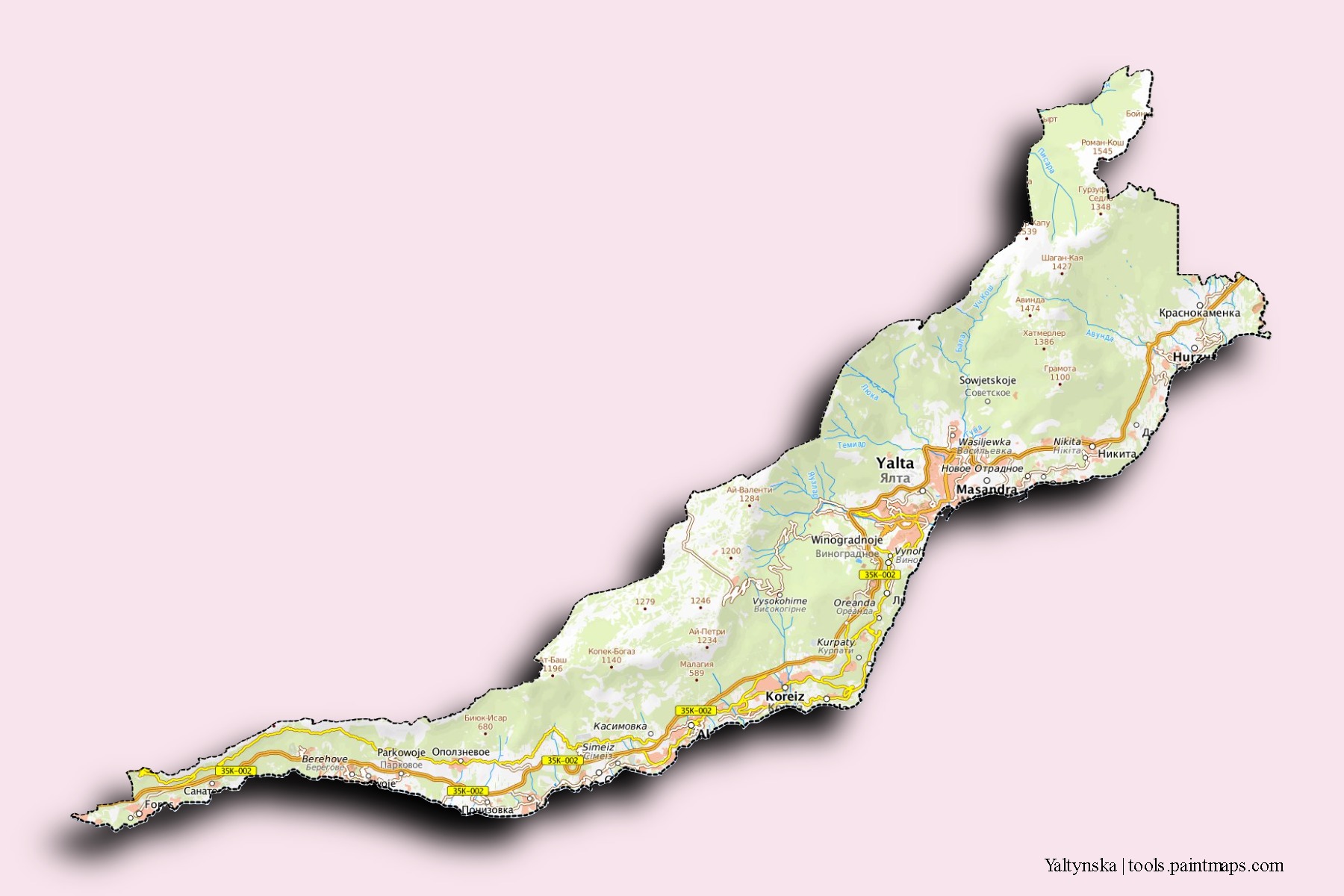 Yaltynska neighborhoods and villages map with 3D shadow effect