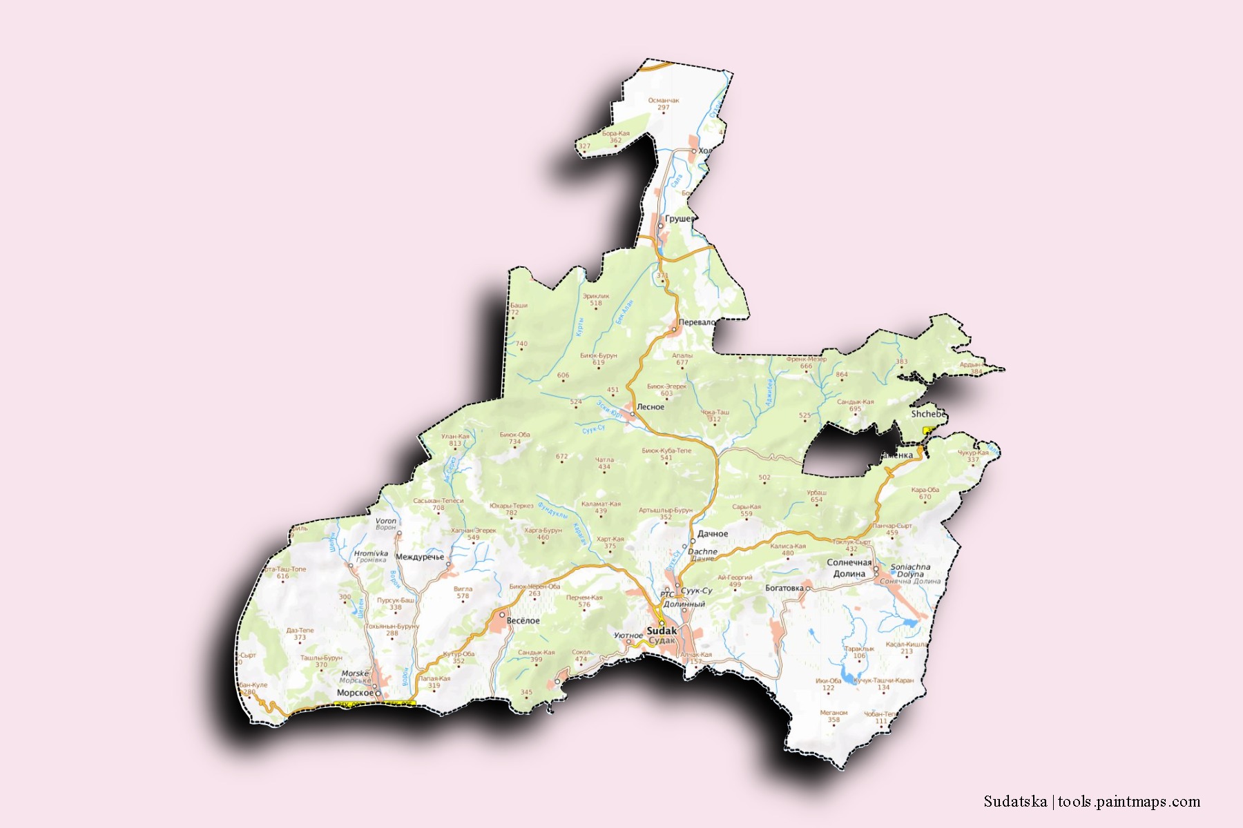 Sudatska neighborhoods and villages map with 3D shadow effect